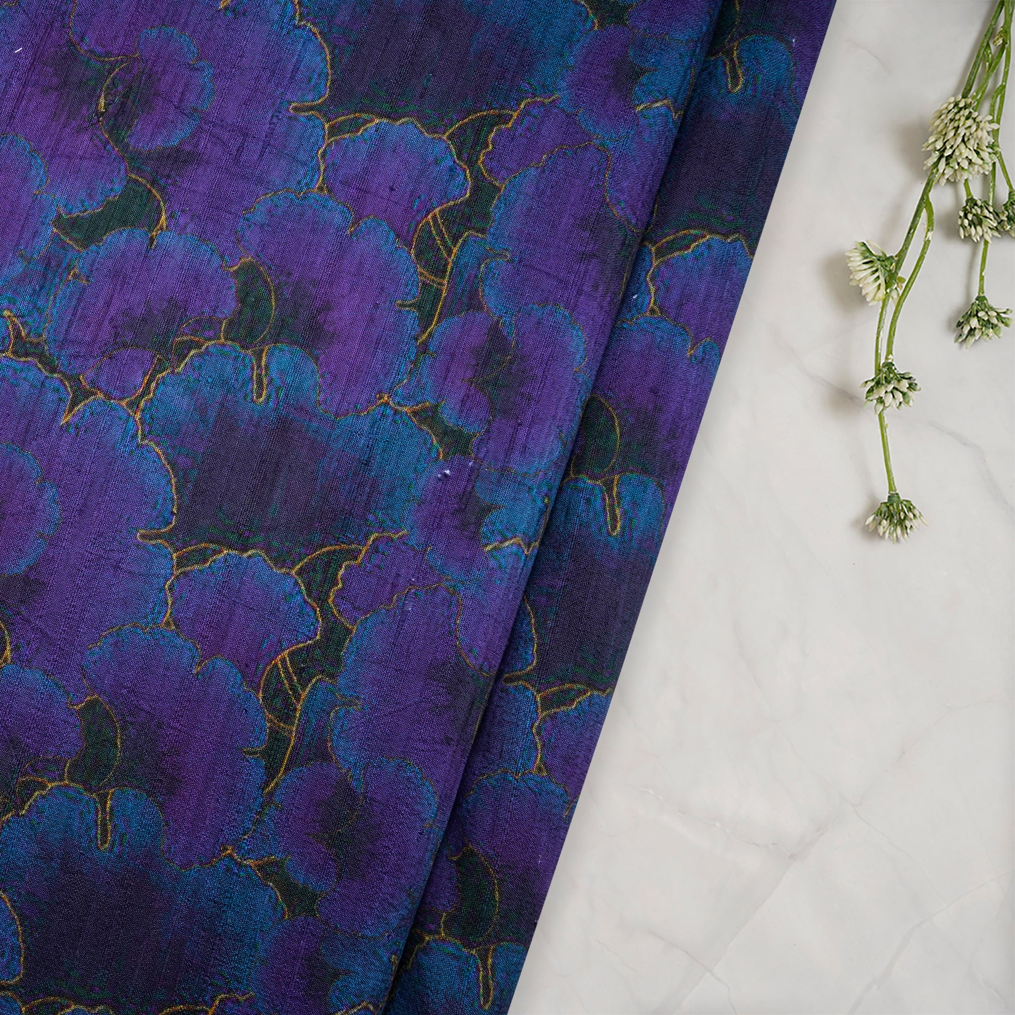 (Pre-Cut 2.80 Mtr)Purple-Blue Floral Pattern Digital Printed Silk Fabric