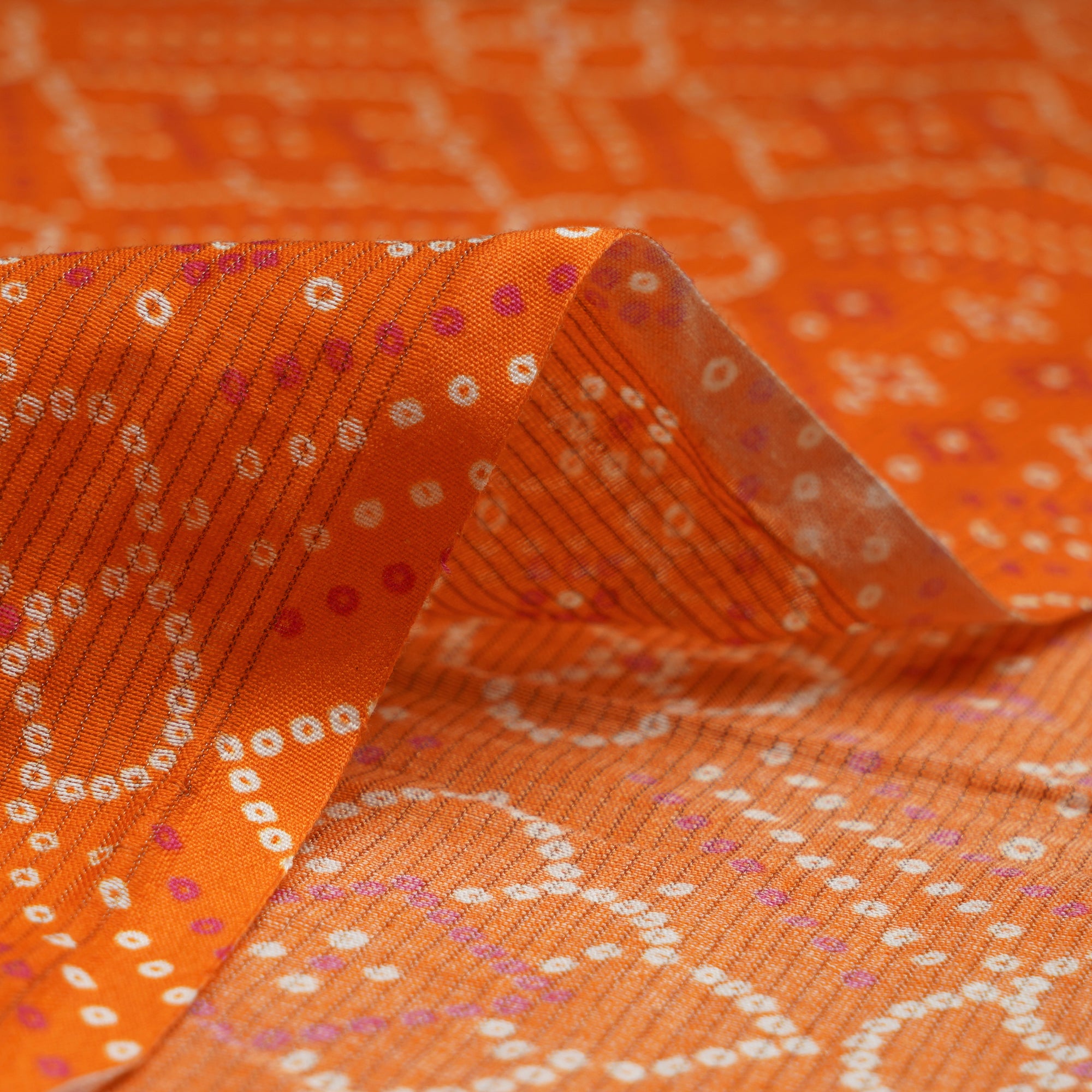 (Pre-Cut 2.00 Mtr)Orange Bandhani Parrten Digital Print Fancy Chanderi Fabric
