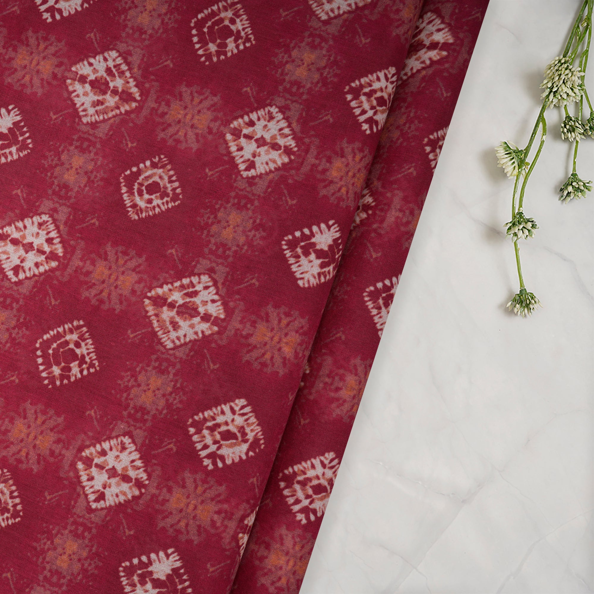 (Pre-Cut 0.50 Mtr)Raspberry Wine Bandhani Pattern Digital Print Voile Cotton Fabric
