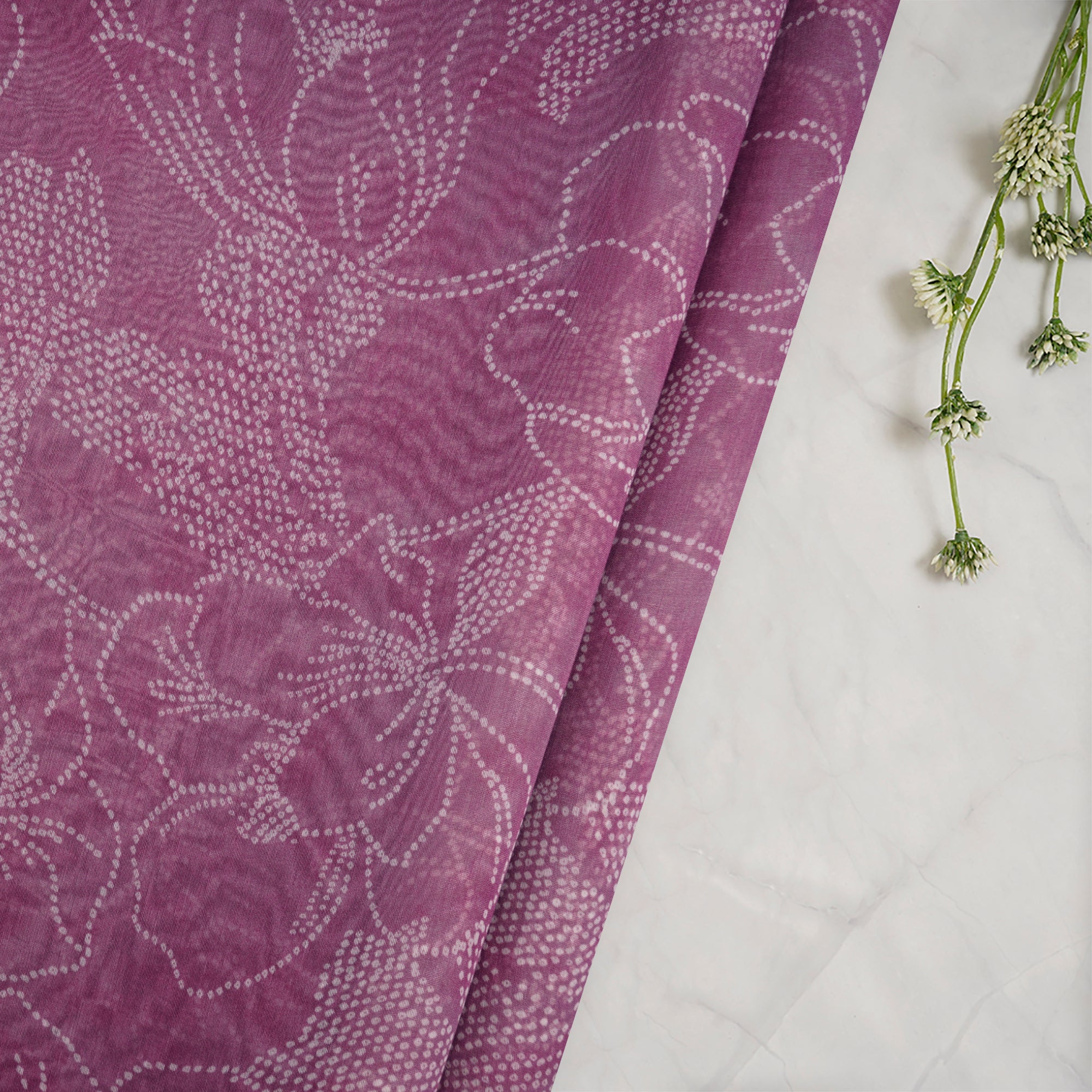 (Pre-Cut 1.90 Mtr) Purple Bandhani Pattern Digital Print Chanderi Fabric