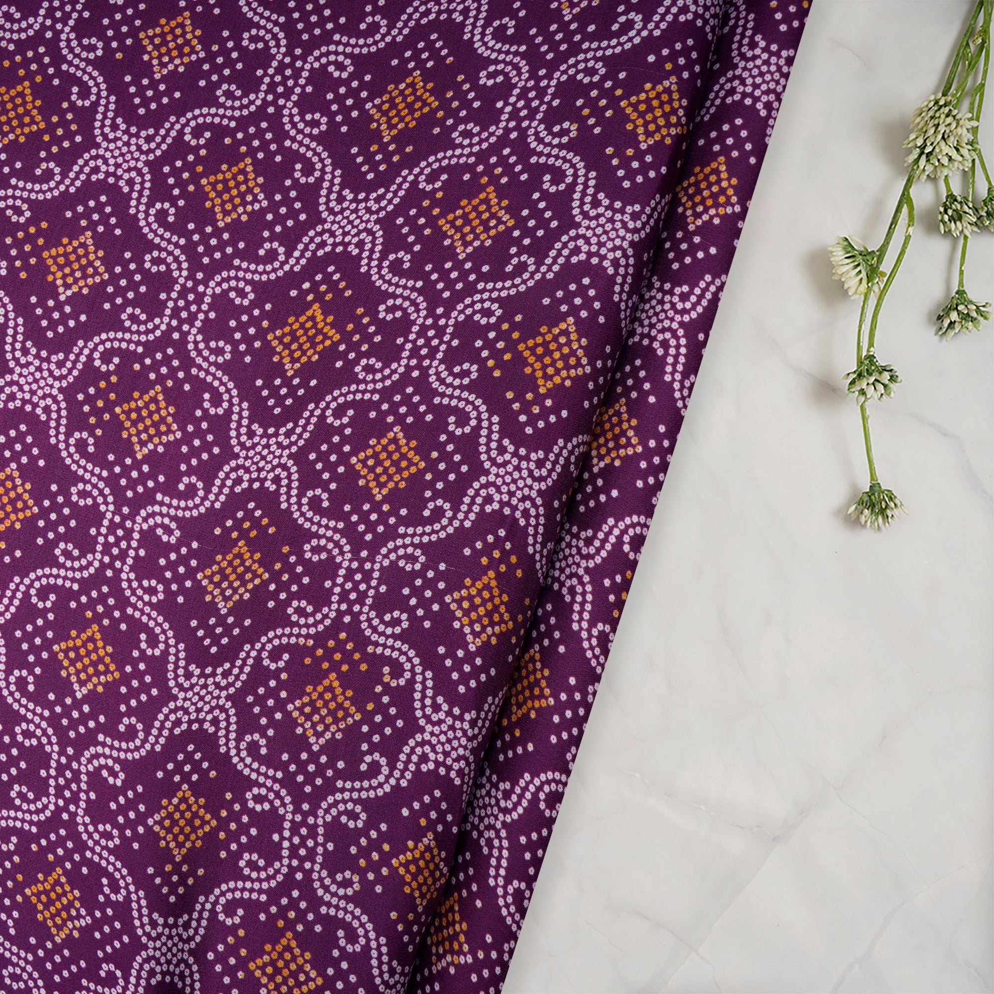 (Pre-Cut 3.60 Mtr)Purple Bandhani Pattern Digital Printed Modal Satin Fabric