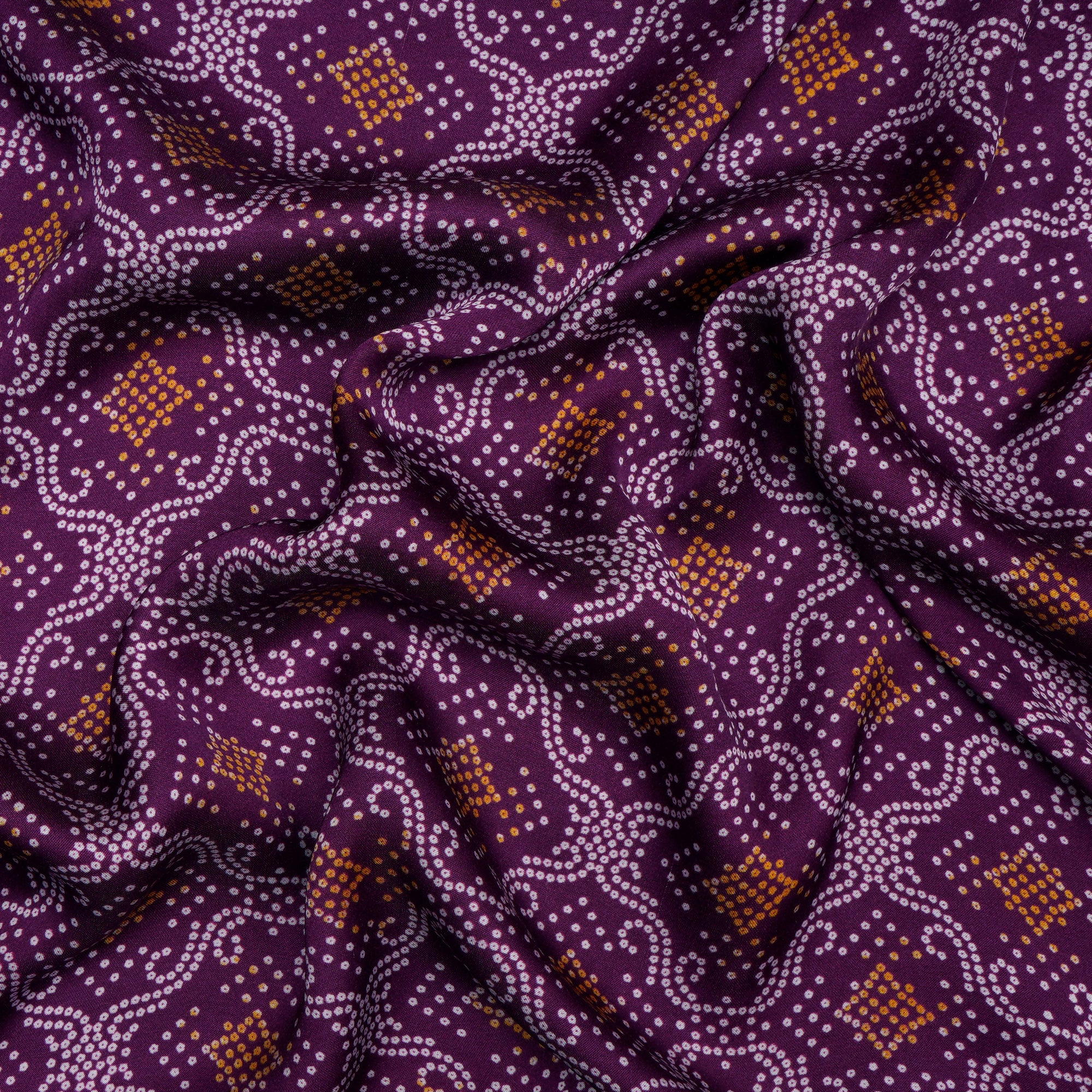 (Pre-Cut 3.60 Mtr)Purple Bandhani Pattern Digital Printed Modal Satin Fabric