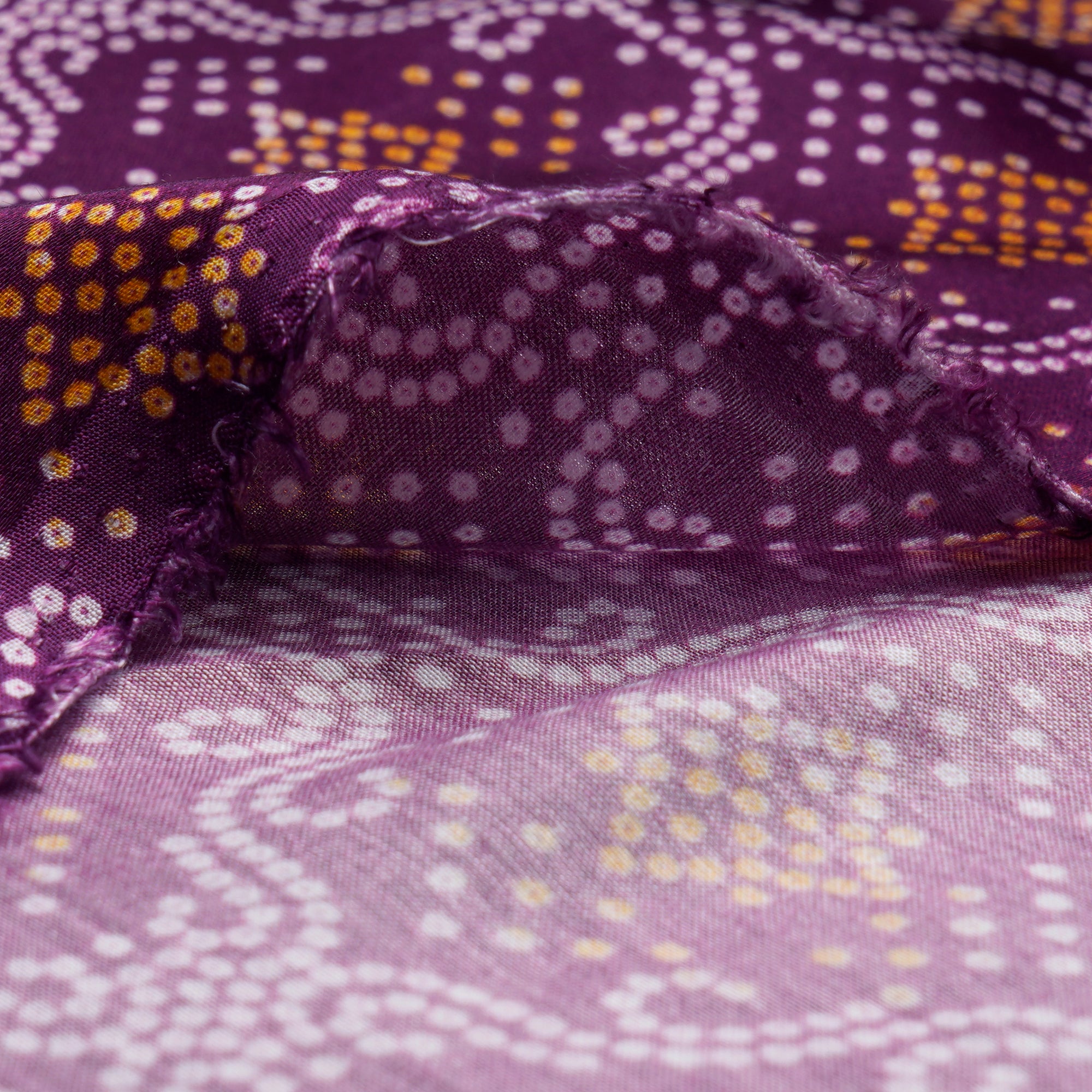 (Pre-Cut 3.60 Mtr)Purple Bandhani Pattern Digital Printed Modal Satin Fabric