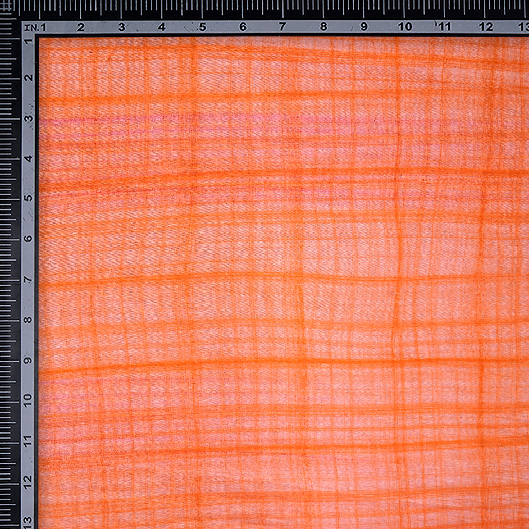 (Pre-Cut 1.65 Mtr)Orange Check Pattern Screen Printed Noile Silk Fabric