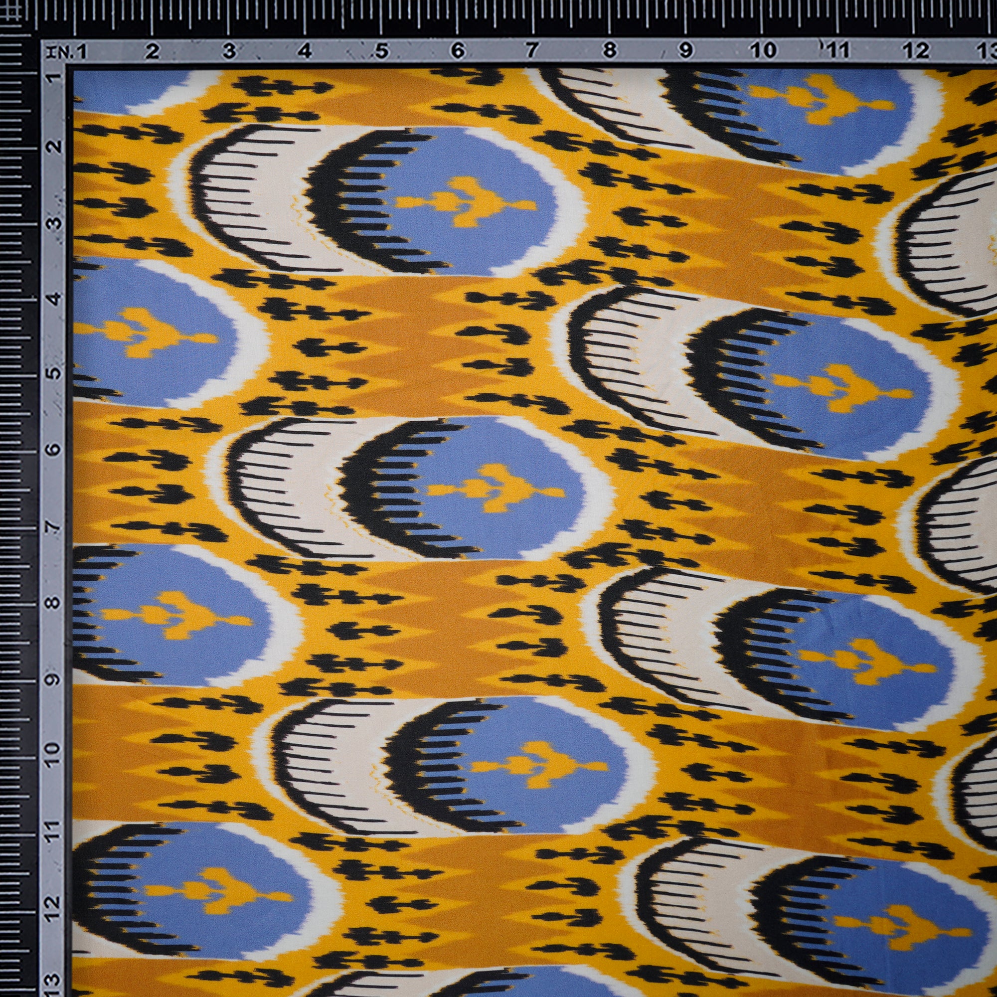 (Pre-Cut 1.20 Mtr)Mustard Ikat Pattern Digital Print Modal Satin Fabric