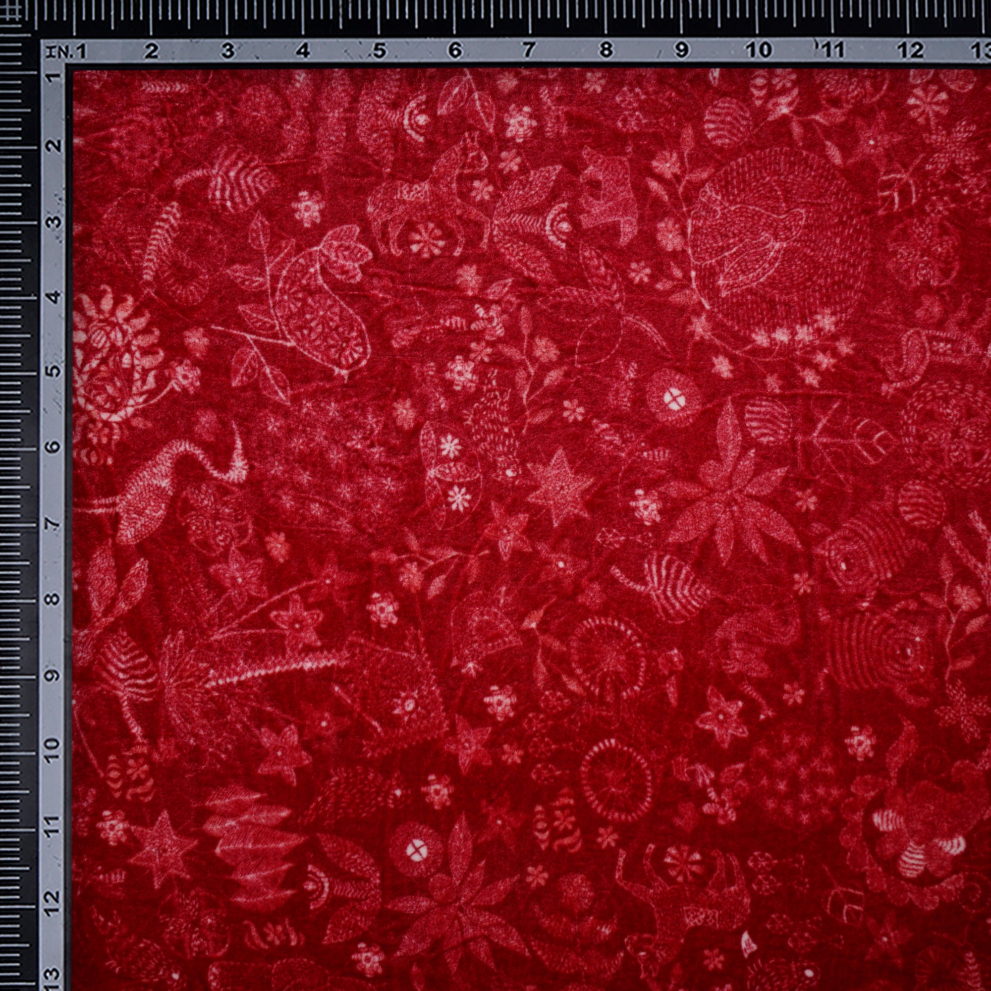 (Pre-Cut 2.25 Mtr)Red All Over Pattern Digital Printed Silk Velvet Fabric