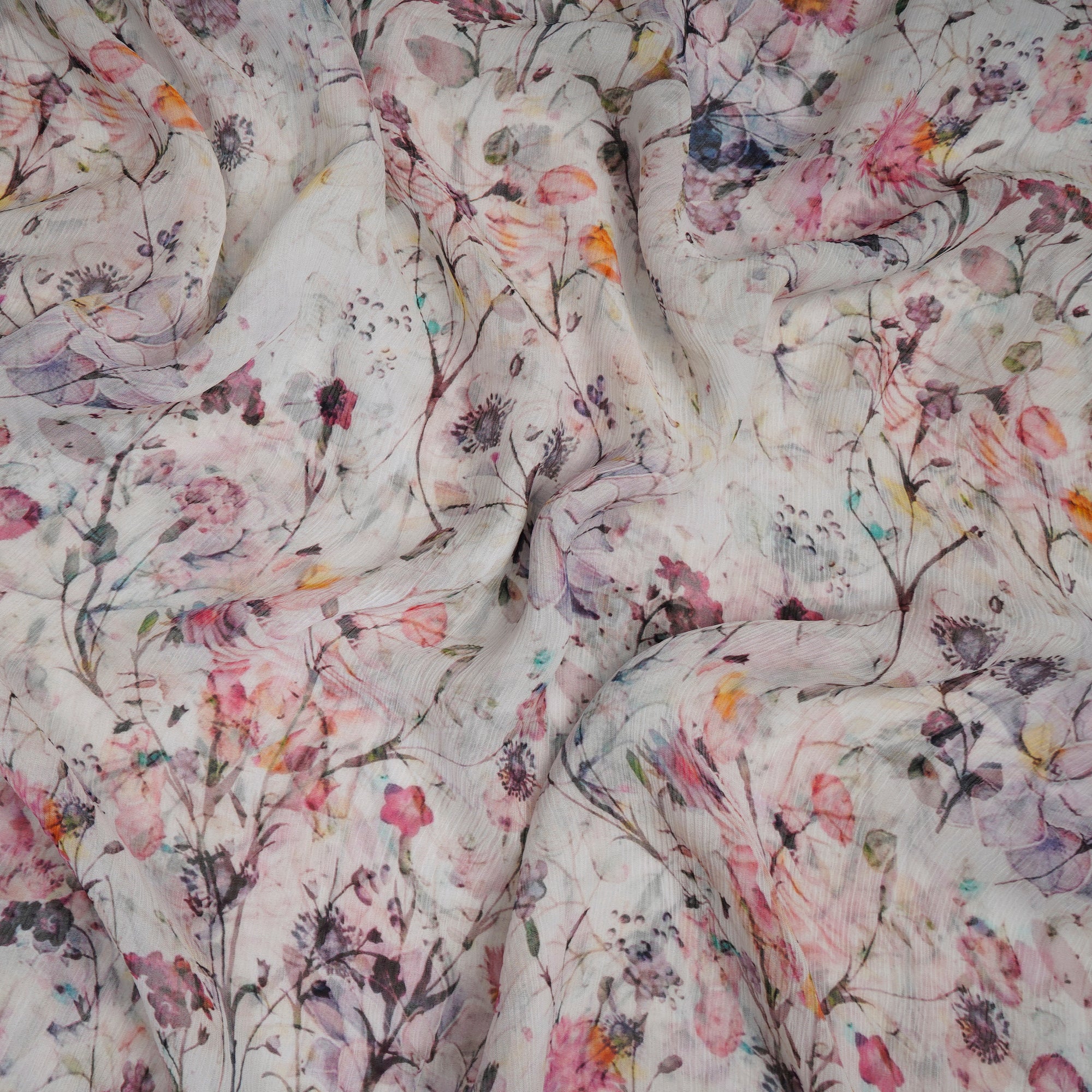 (Pre-Cut 2.00 Mtr)White Floral Pattern Digital Printed Bemberg Chiffon Fabric