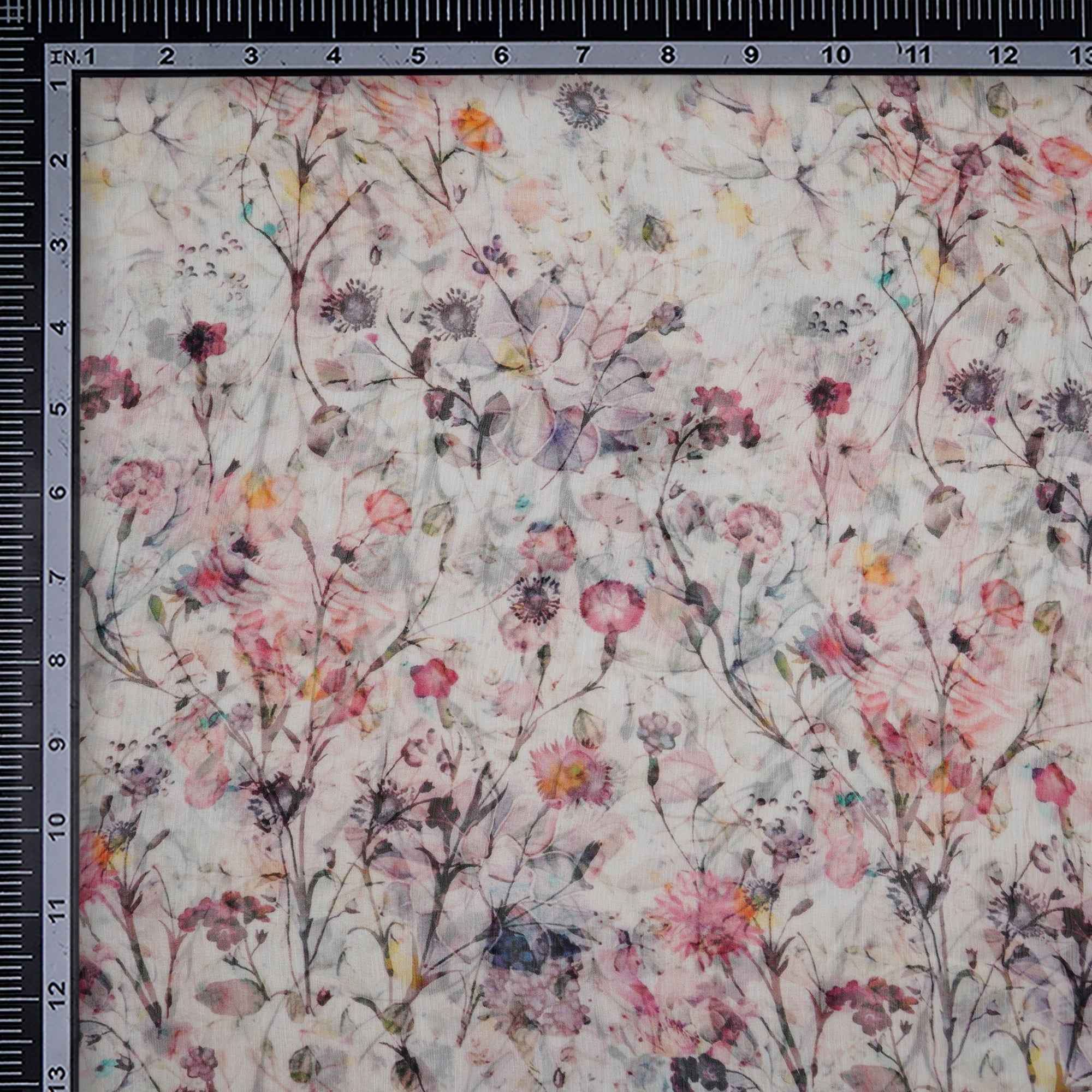 (Pre-Cut 2.00 Mtr)White Floral Pattern Digital Printed Bemberg Chiffon Fabric