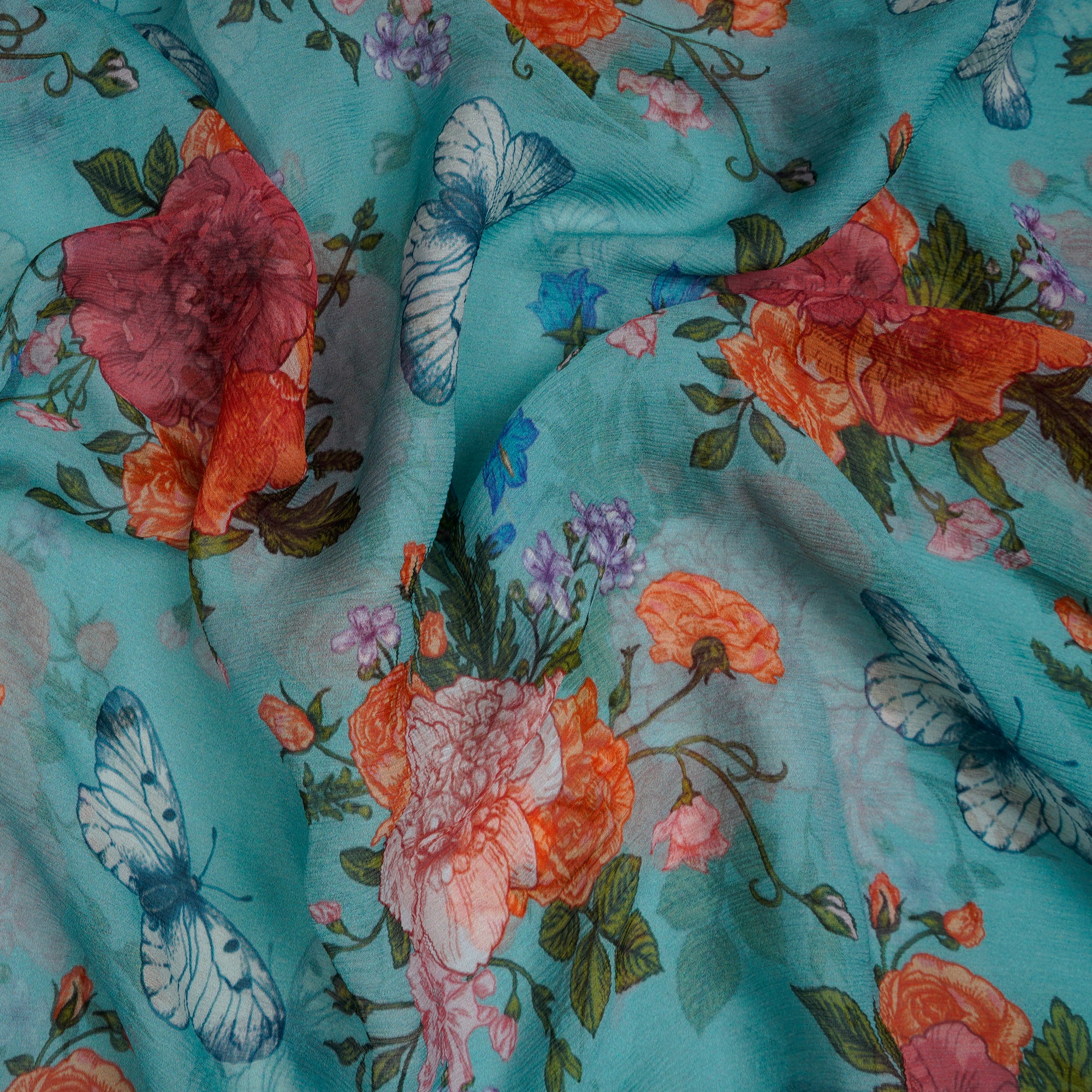 (Pre-Cut 3.00 Mtr)Dusty Turquiose Floral Pattern Digital Printed Silk Fabric