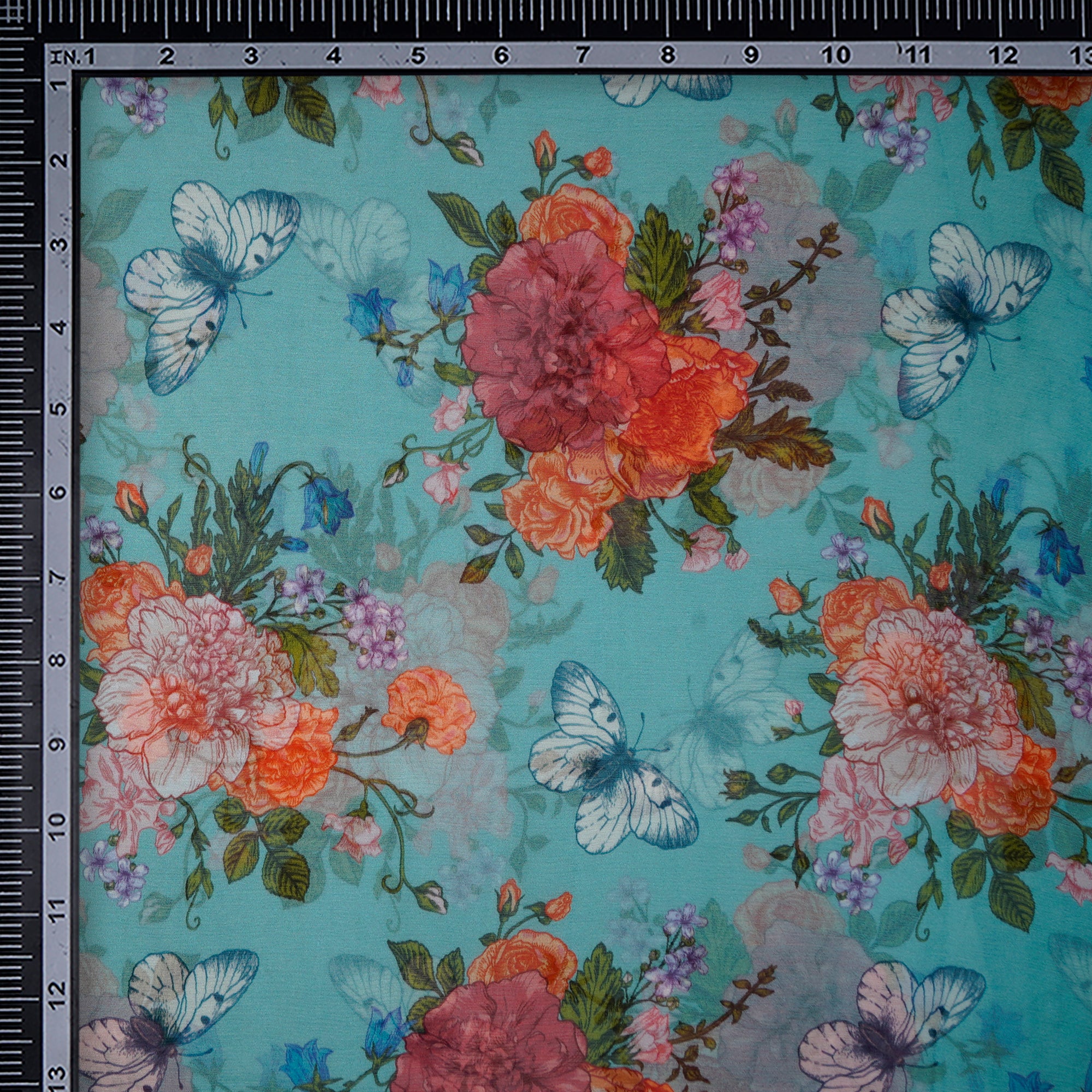 (Pre-Cut 3.00 Mtr)Dusty Turquiose Floral Pattern Digital Printed Silk Fabric