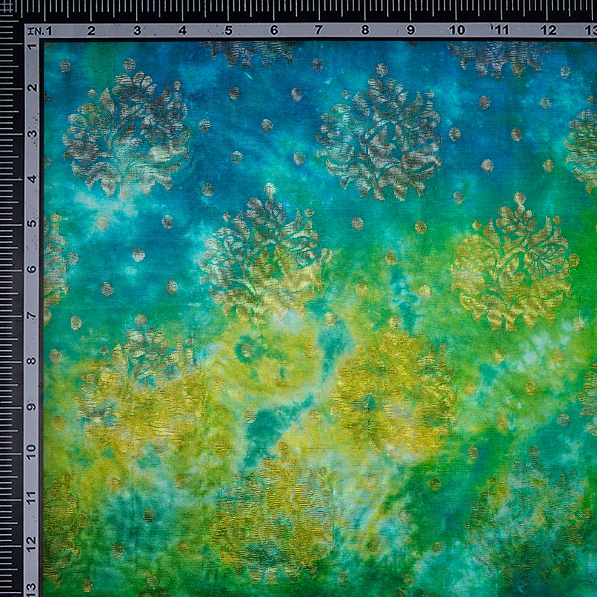 (Pre-Cut 1.00 Mtr) Green-Blue Floral Motif Pattern Silk Jacquard Fabric