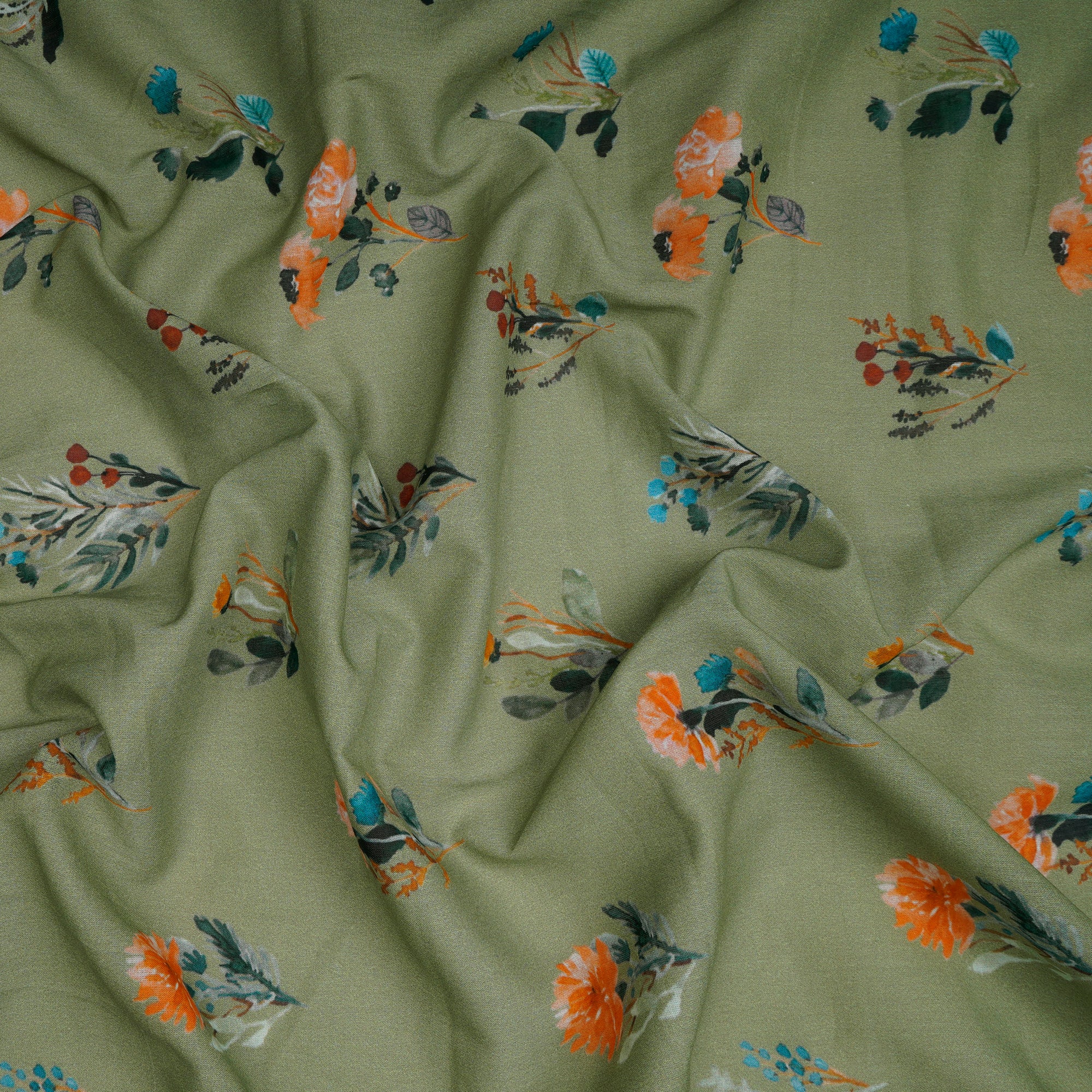 (Pre-Cut 1.10 Mtr)Green Floral Pattern Digital Print Voile Cotton Fabric