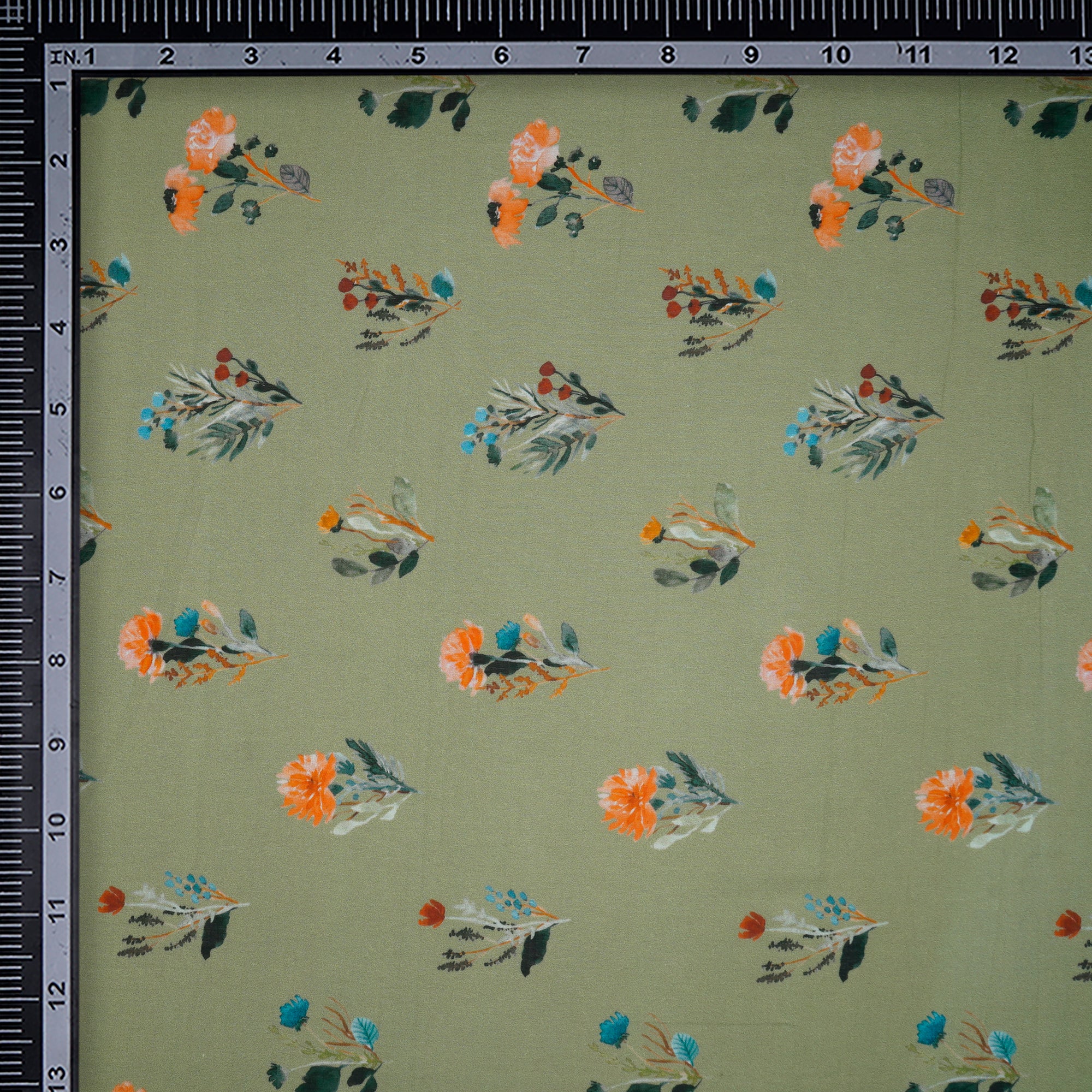 (Pre-Cut 1.10 Mtr)Green Floral Pattern Digital Print Voile Cotton Fabric
