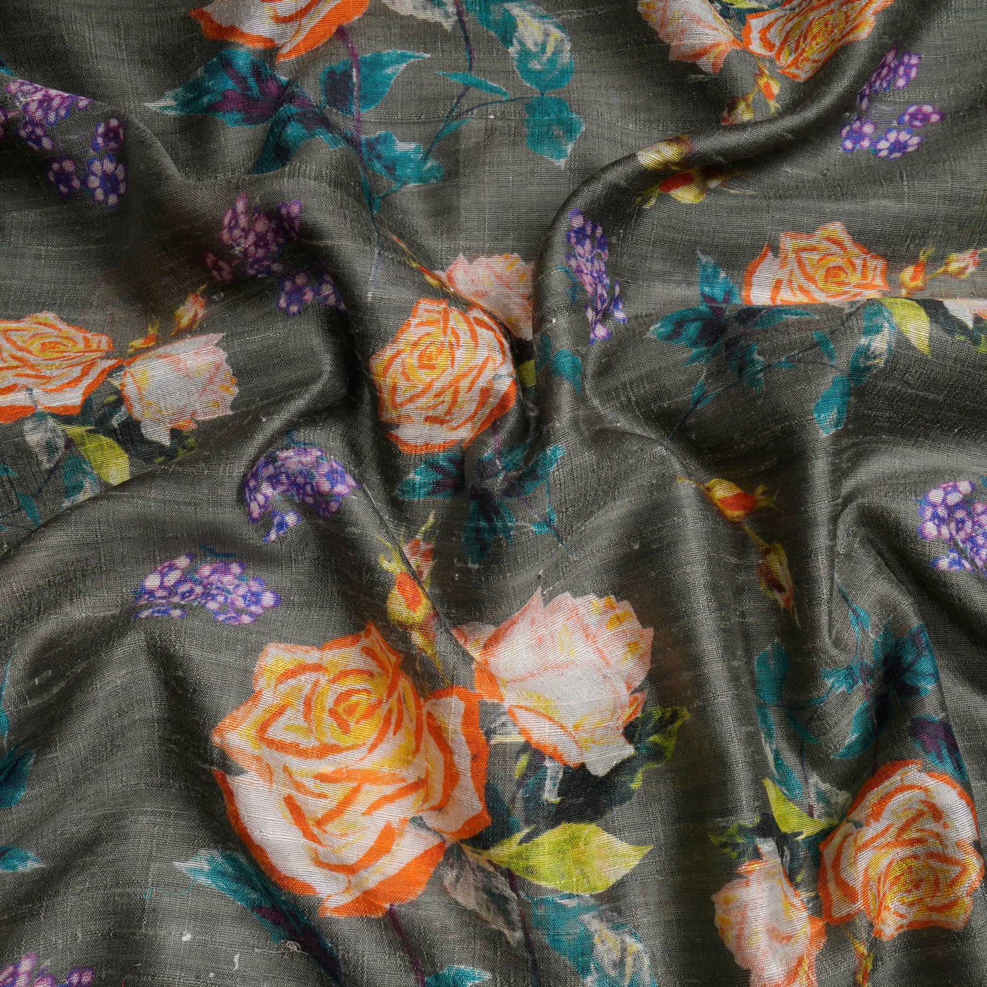 (Pre-Cut 4.10 Mtr)Beetle Floral Pattern Digital Printed Raw Silk Fabric