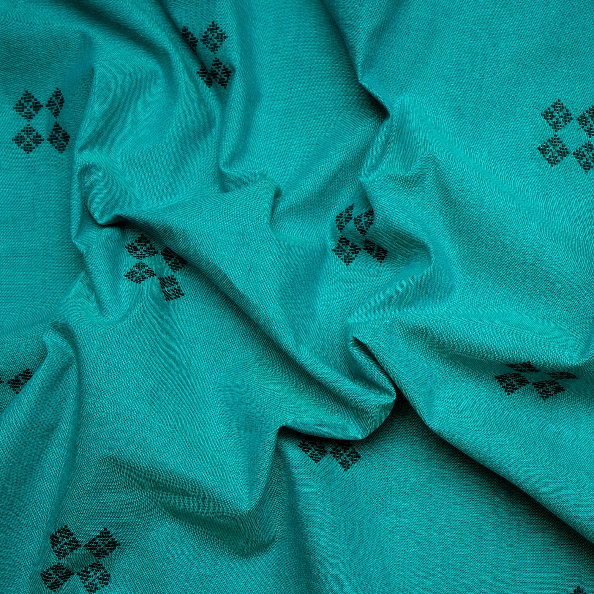 (Pre-Cut 2.40 Mtr)Bright Aqua Geometric Pattern Yarn Dyed Cutwork Fancy South Cotton Fabric