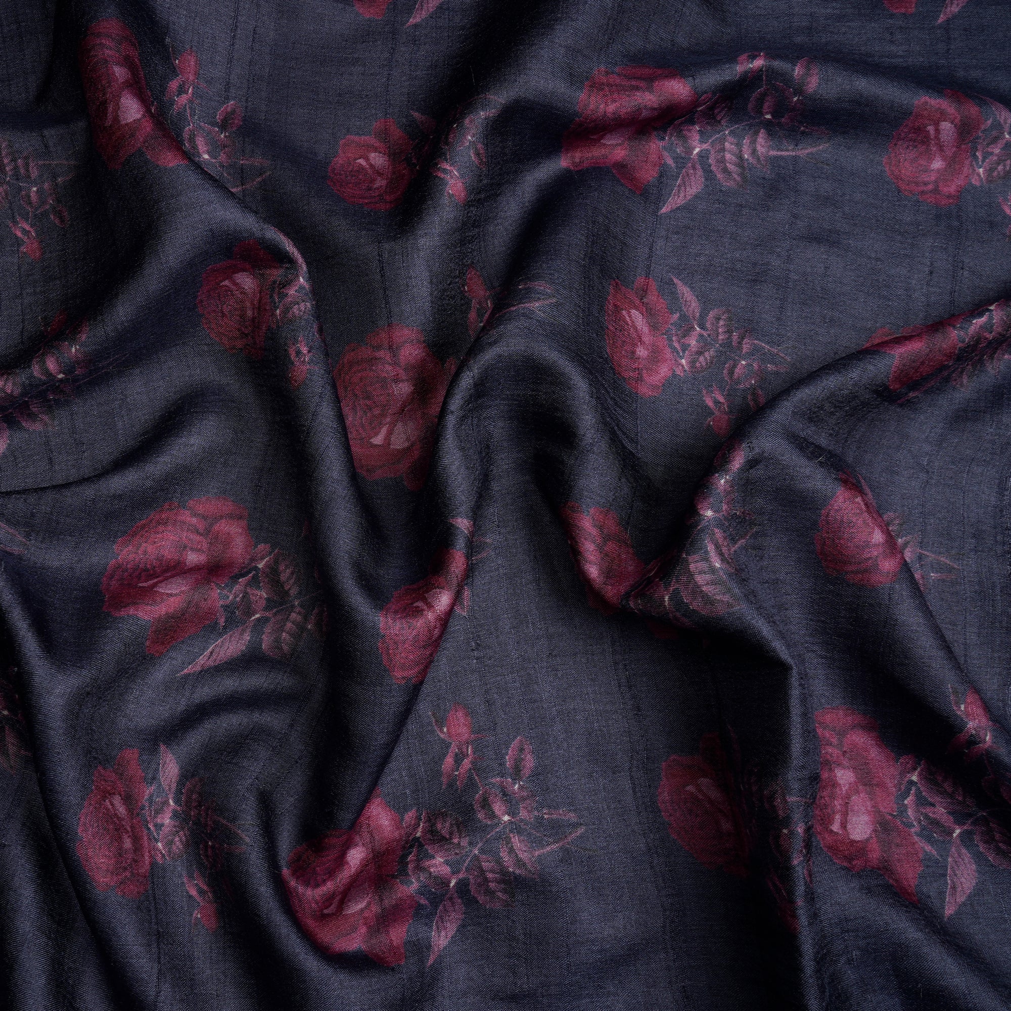 (Pre-Cut 3.55 Mtr) Navy Blue-Purple Floral Pattern Digital Printed Silk Fabric