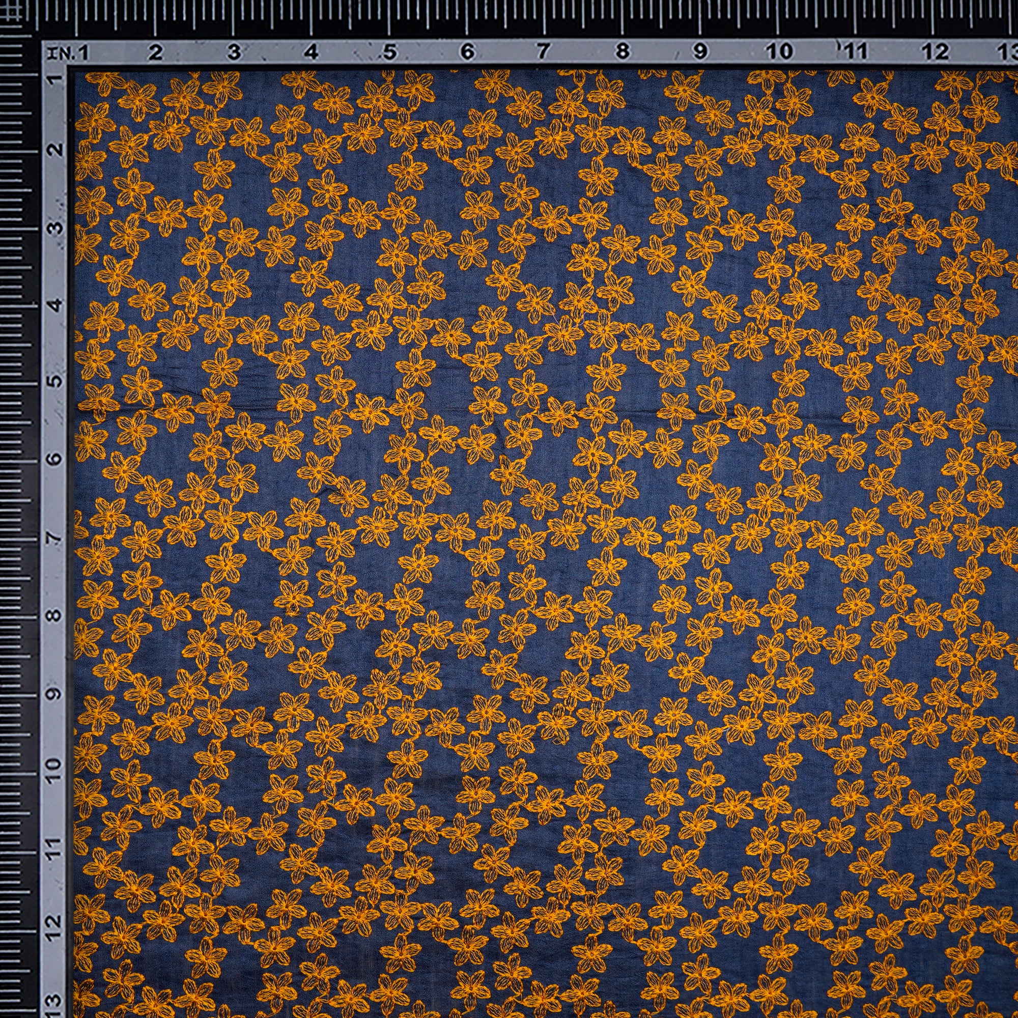 (Pre-Cut 4.00 Mtr)Navy Blue All Over Pattern Thread Embroidered Muga Silk Fabric