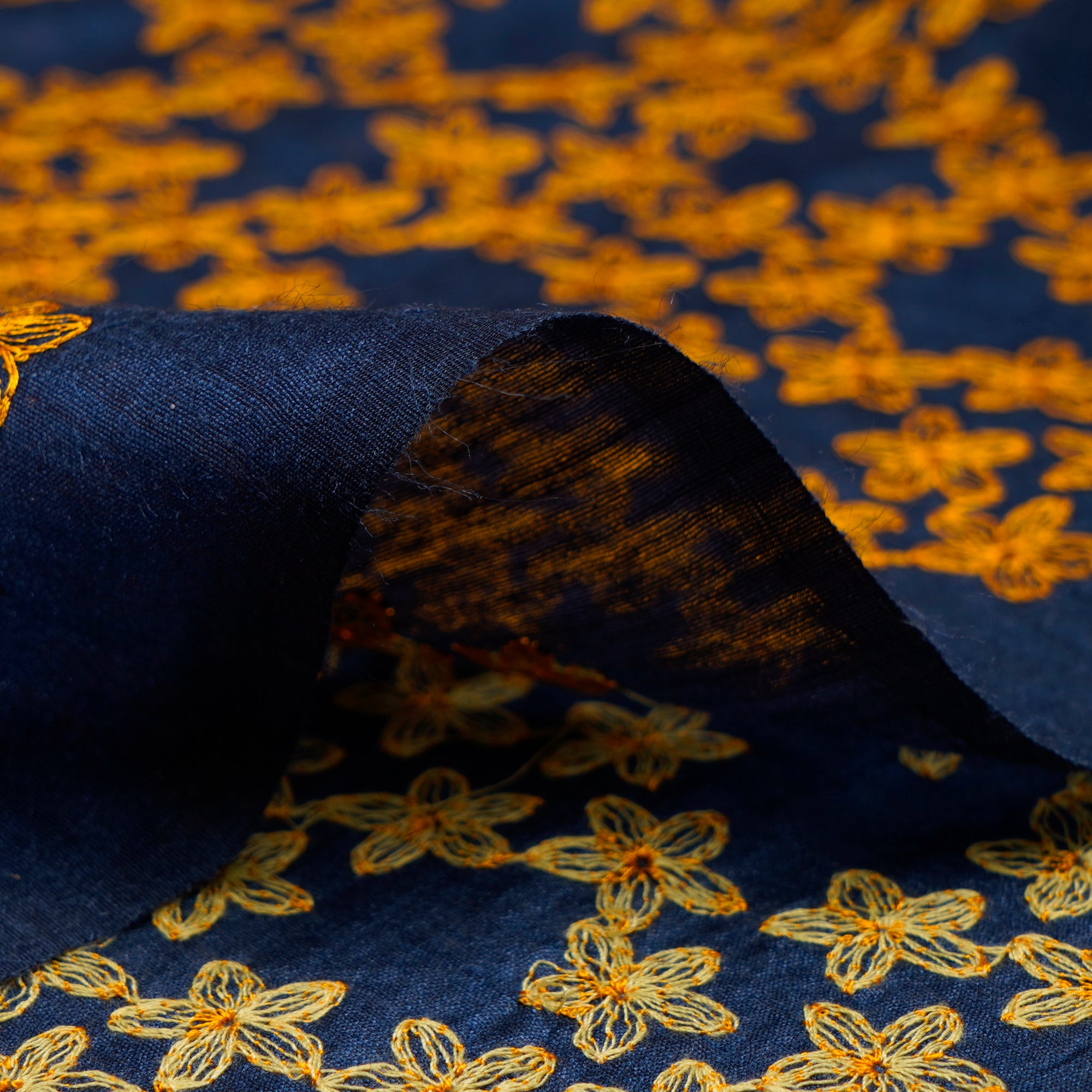 (Pre-Cut 4.00 Mtr)Navy Blue All Over Pattern Thread Embroidered Muga Silk Fabric