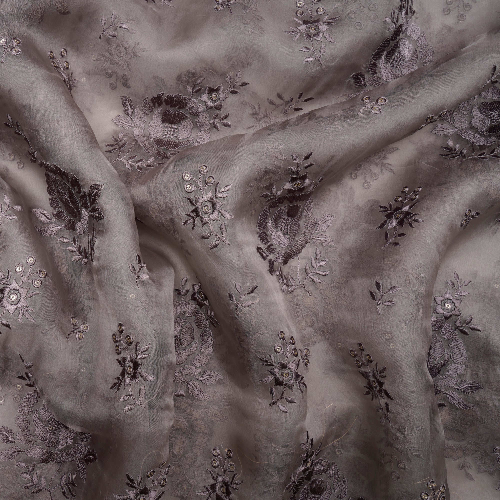 (Pre-Cut 1.00 Mtr)Gull Gray Floral Pattern Sequins Embroidered Organza Silk Fabric