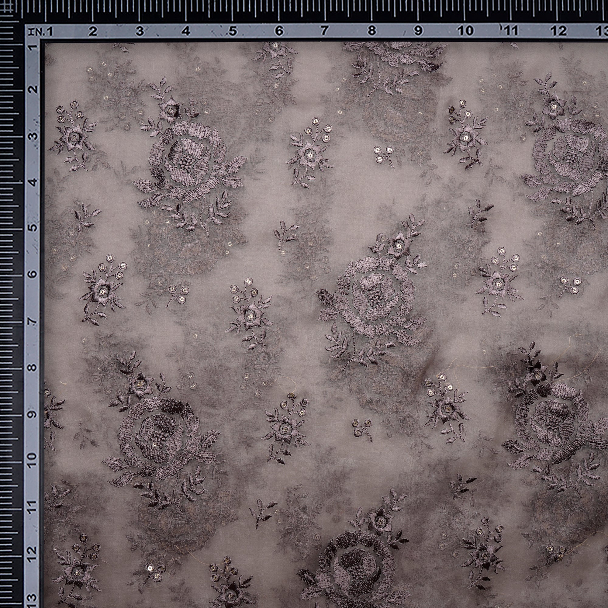 (Pre-Cut 1.00 Mtr)Gull Gray Floral Pattern Sequins Embroidered Organza Silk Fabric