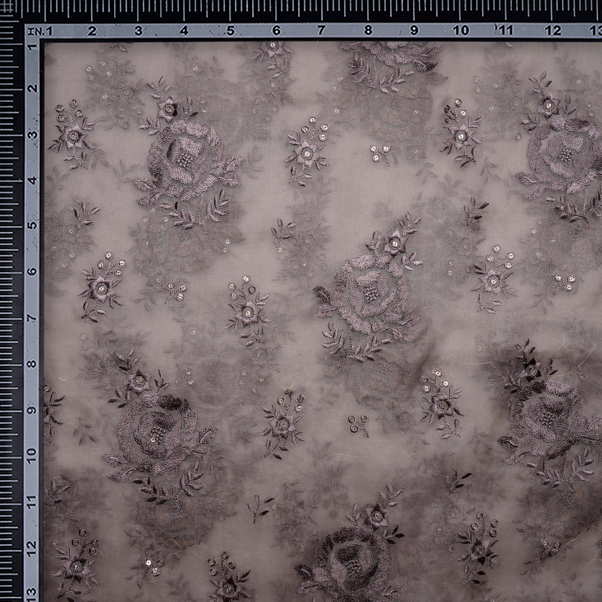 (Pre-Cut 1.20 Mtr)Gull Gray Floral Pattern Sequins Embroidered Organza Silk Fabric