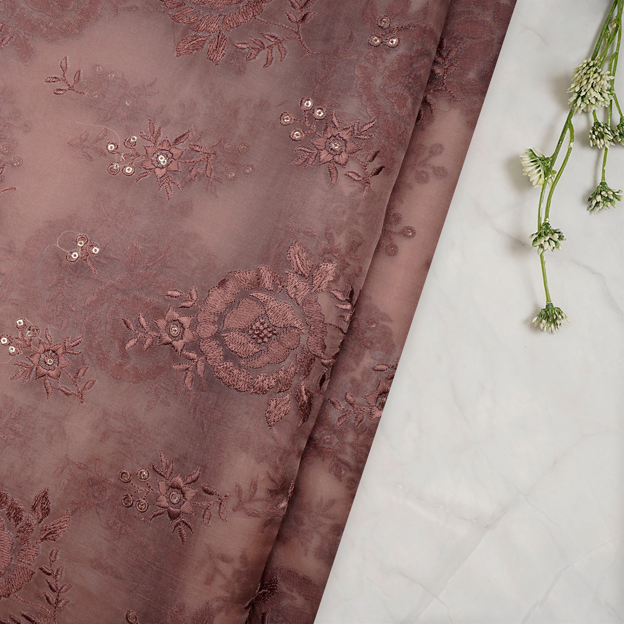 (Pre-Cut 3.30 Mtr)Shrimp Floral Pattern Thread & Sequins Embroidered Organza Silk Fabric