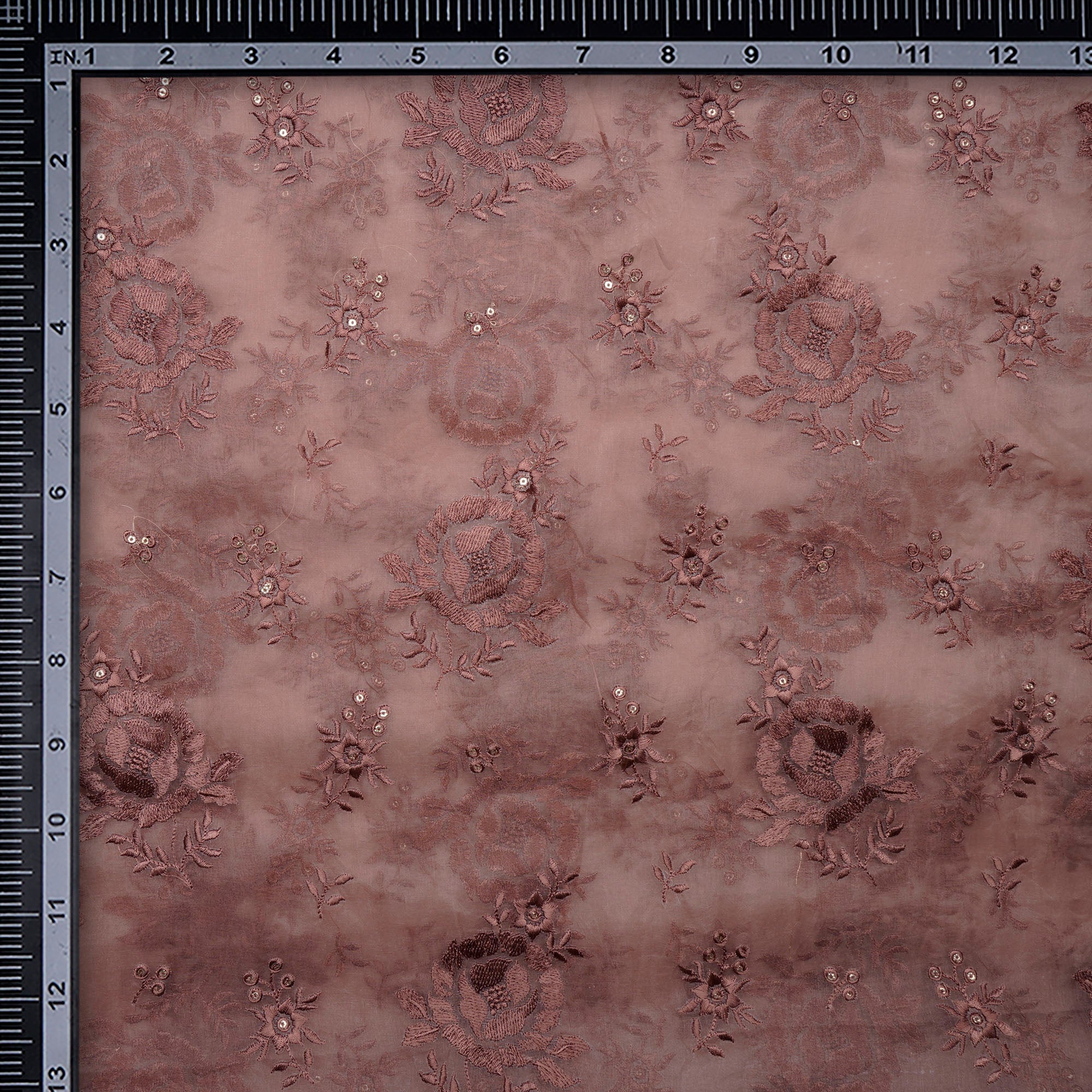 (Pre-Cut 3.30 Mtr)Shrimp Floral Pattern Thread & Sequins Embroidered Organza Silk Fabric