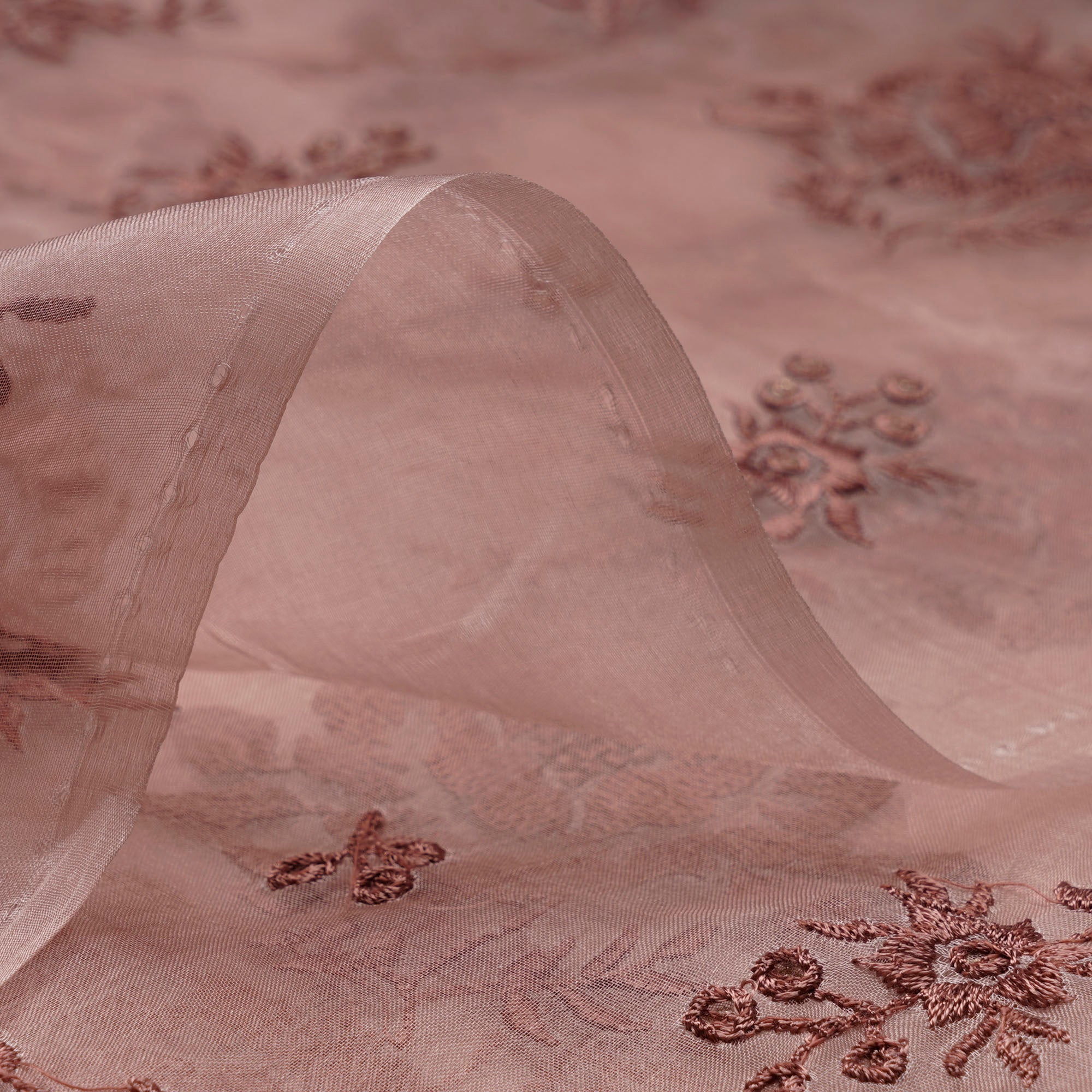 (Pre-Cut 3.30 Mtr)Shrimp Floral Pattern Thread & Sequins Embroidered Organza Silk Fabric