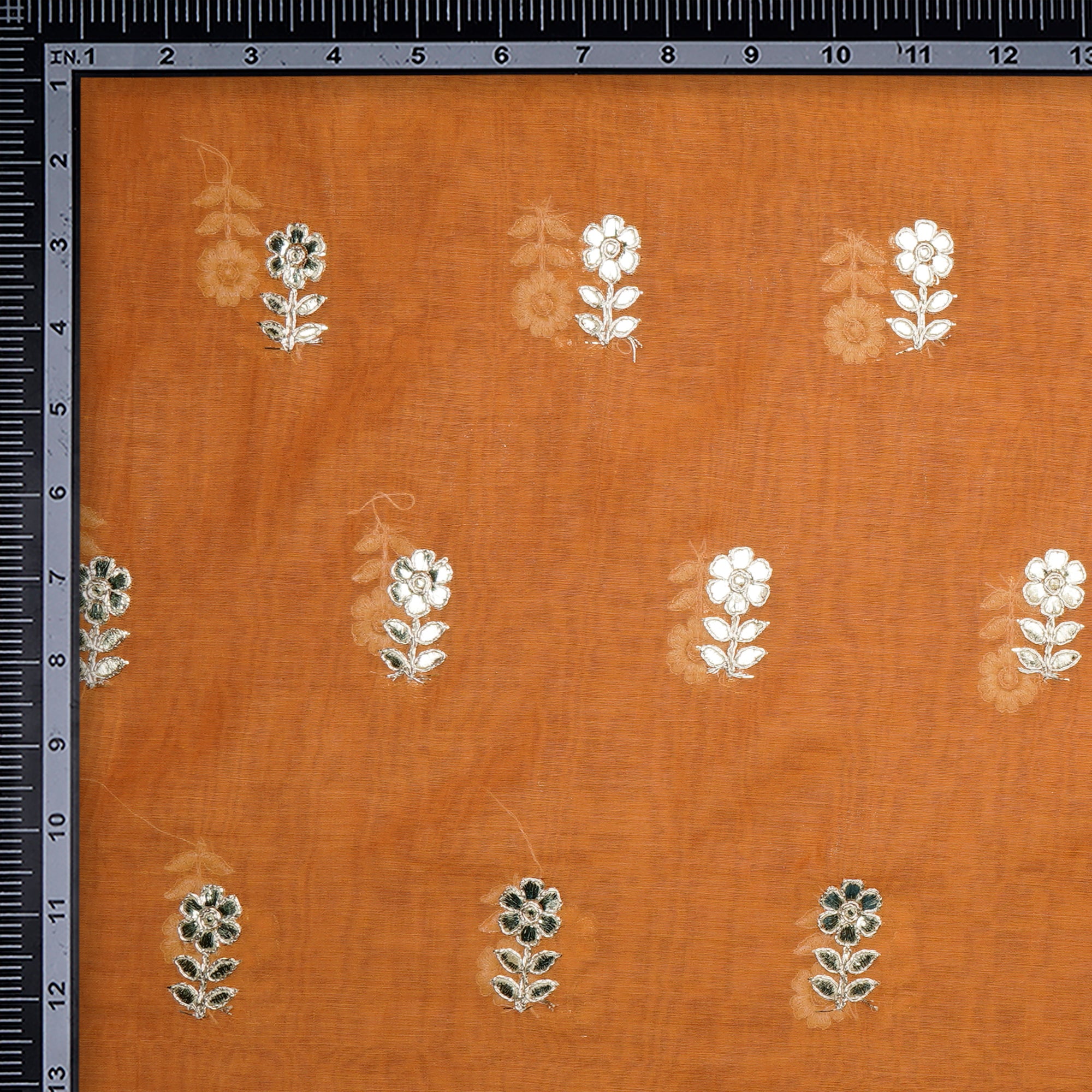 (Pre-Cut 1.00 Mtr)Mustard Motif Pattern Thread Embroidered Chanderi Fabric