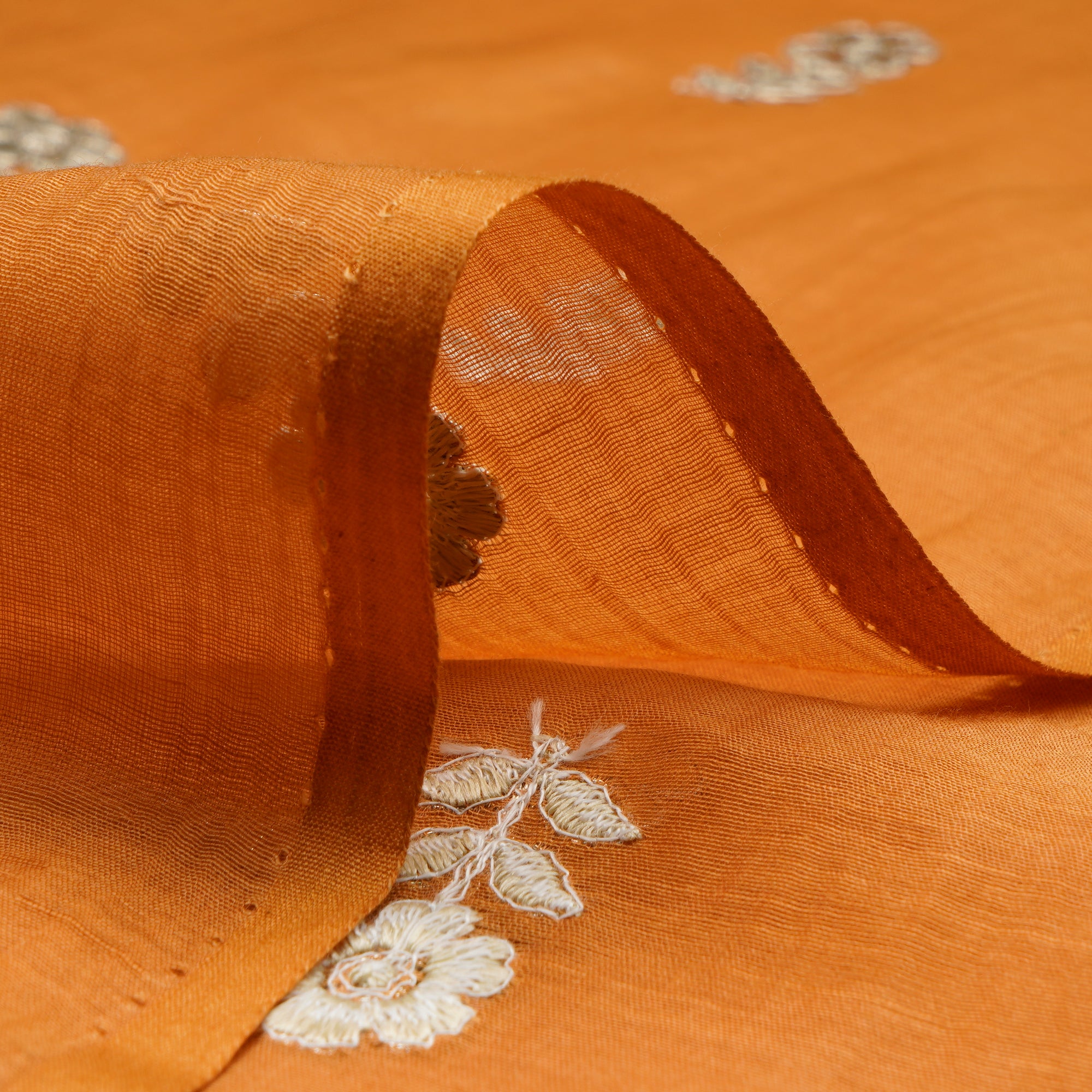 (Pre-Cut 1.00 Mtr)Mustard Motif Pattern Thread Embroidered Chanderi Fabric