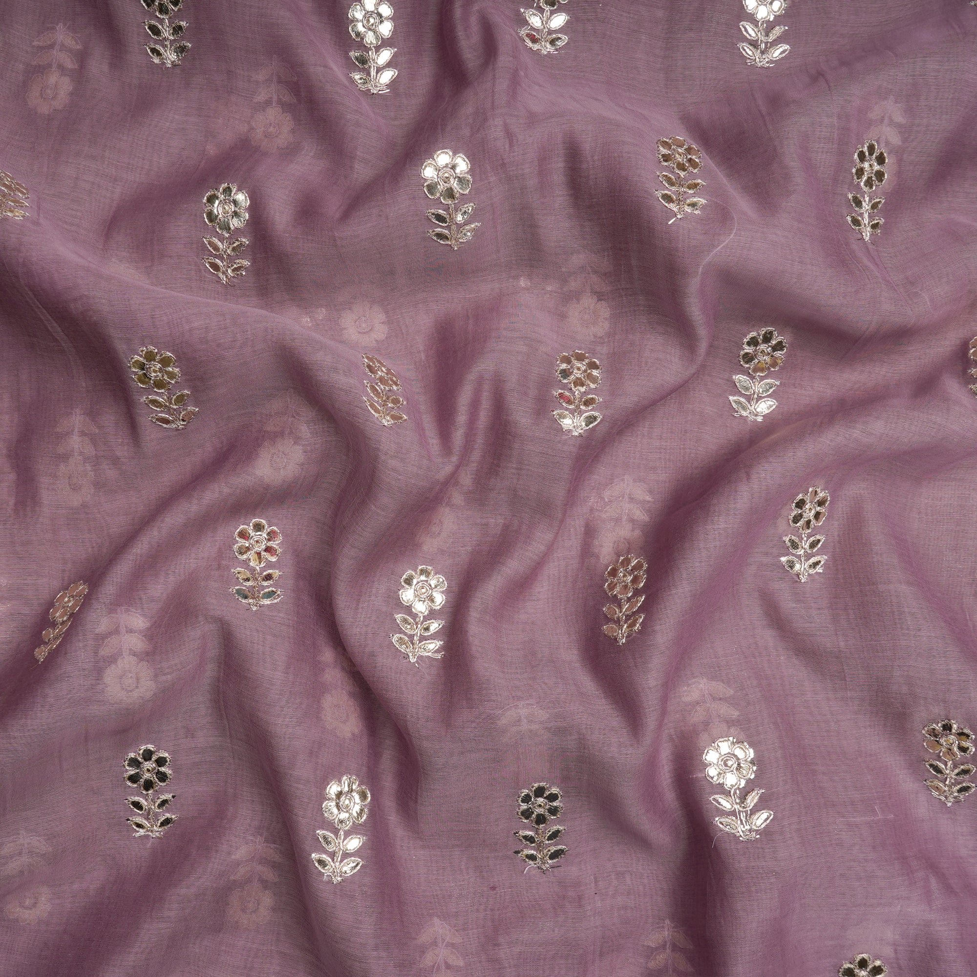 (Pre-Cut 1.75 Mtr)Purple Motif Pattern Thread Embroidered Chanderi Fabric