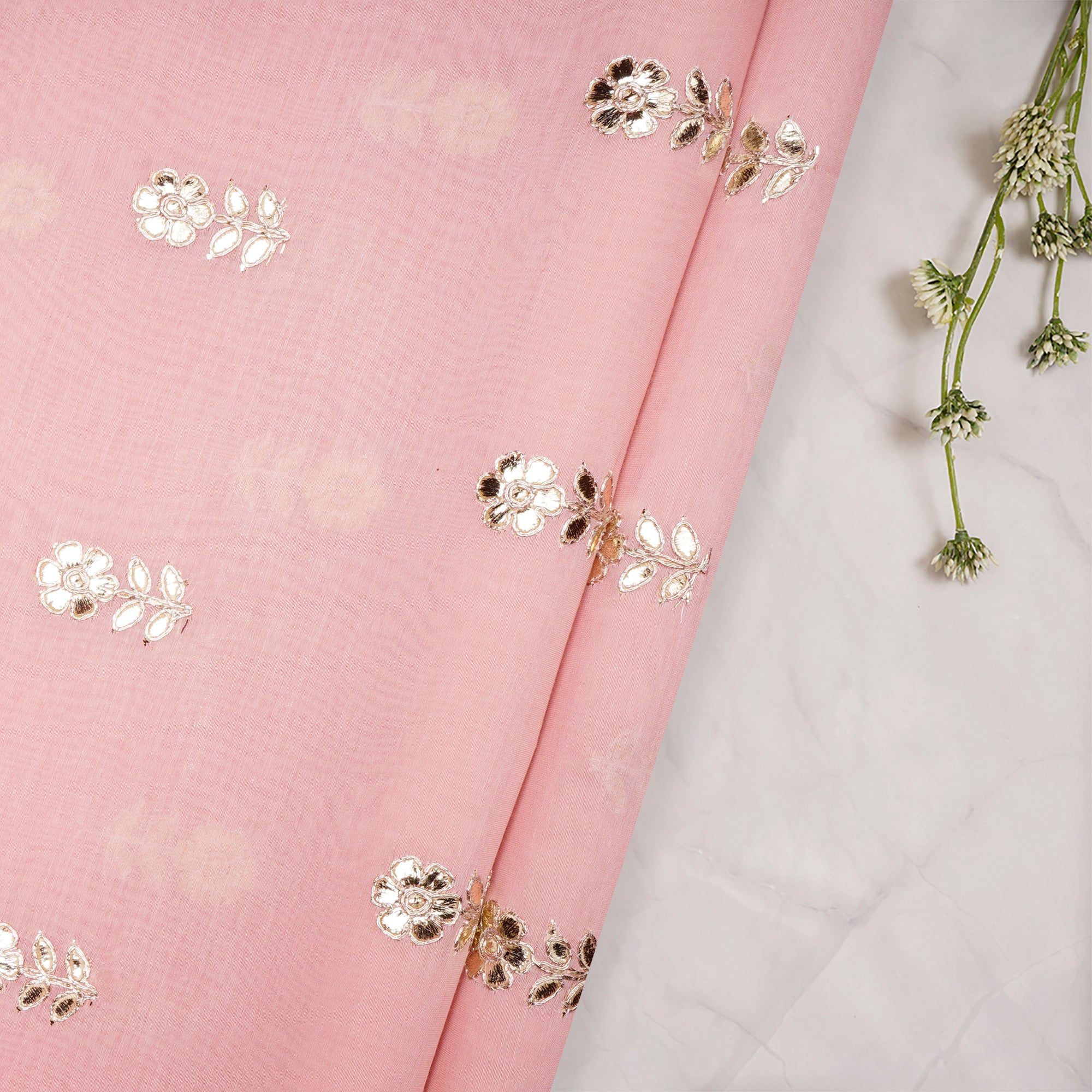 (Pre-Cut 2.70 Mtr)First Blush Motif Pattern Thread Embroidered Chanderi Fabric