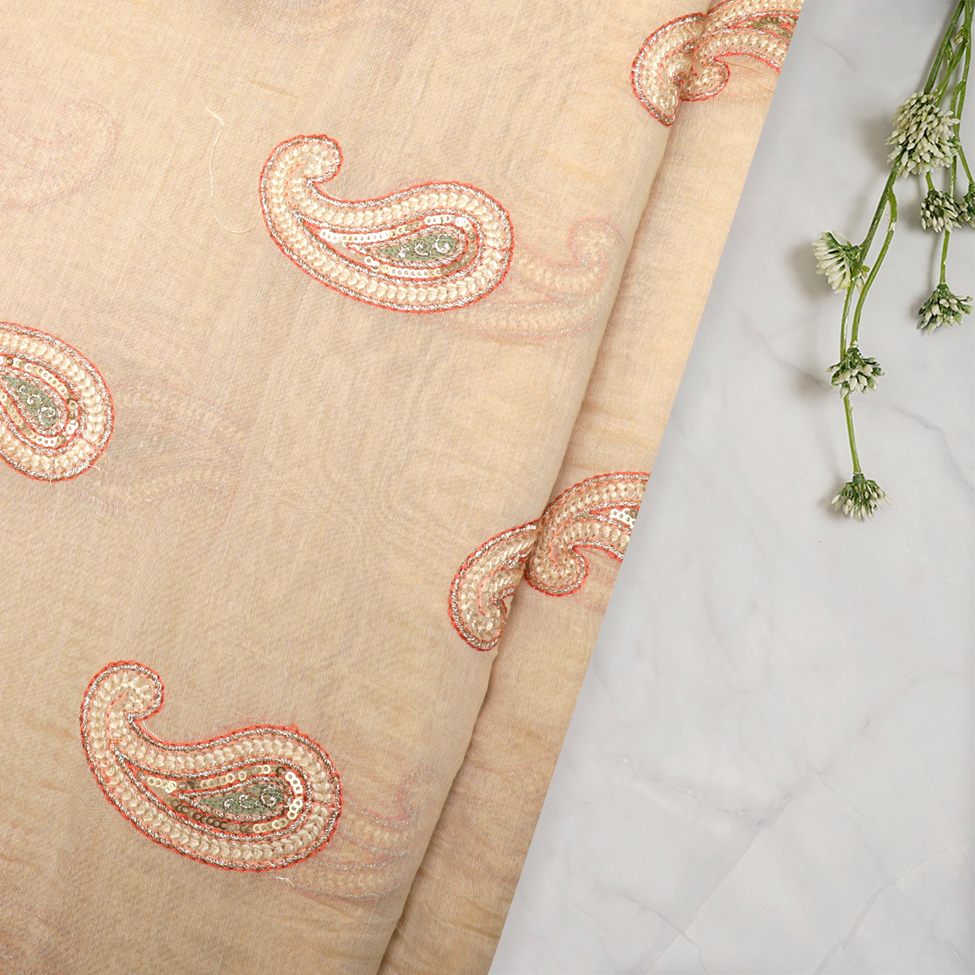 (Pre-Cut 2.30 Mtr)Beige Motif Pattern Thread & Sequins Embroidered Tissue Chanderi Fabric