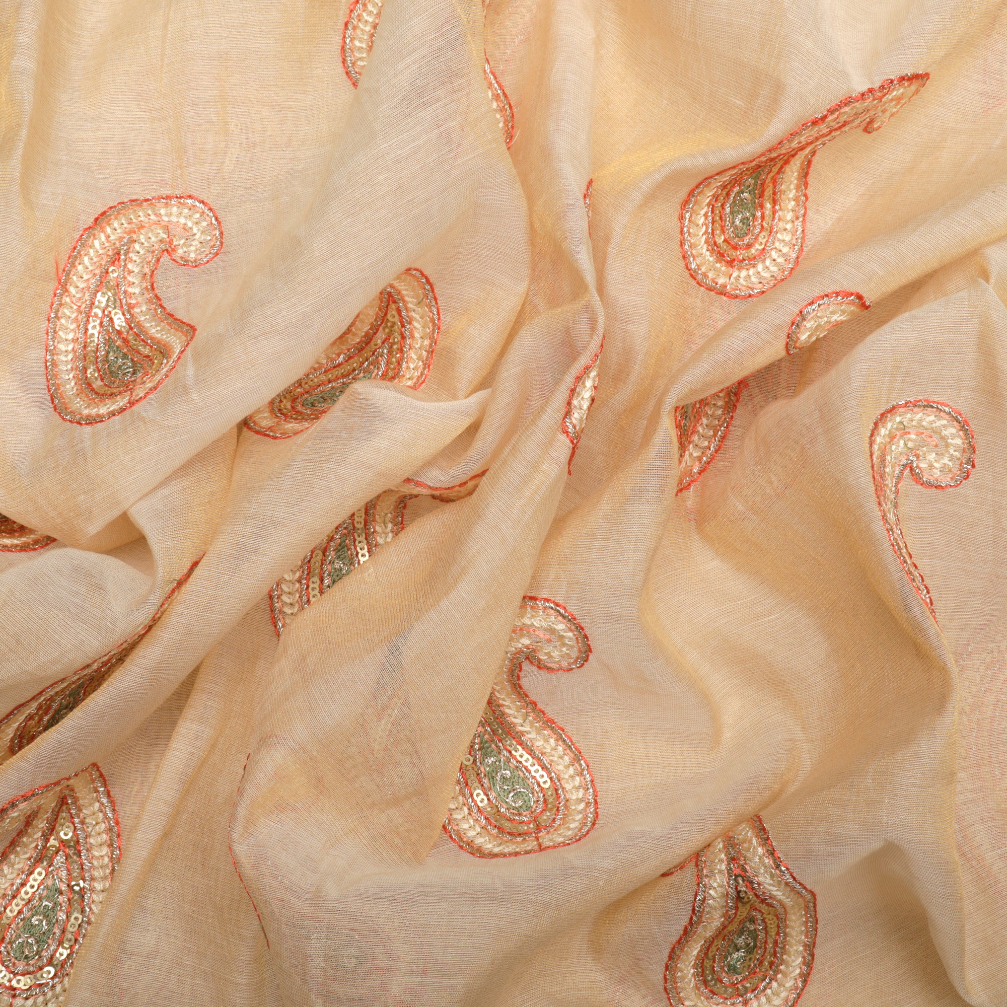 (Pre-Cut 2.30 Mtr)Beige Motif Pattern Thread & Sequins Embroidered Tissue Chanderi Fabric