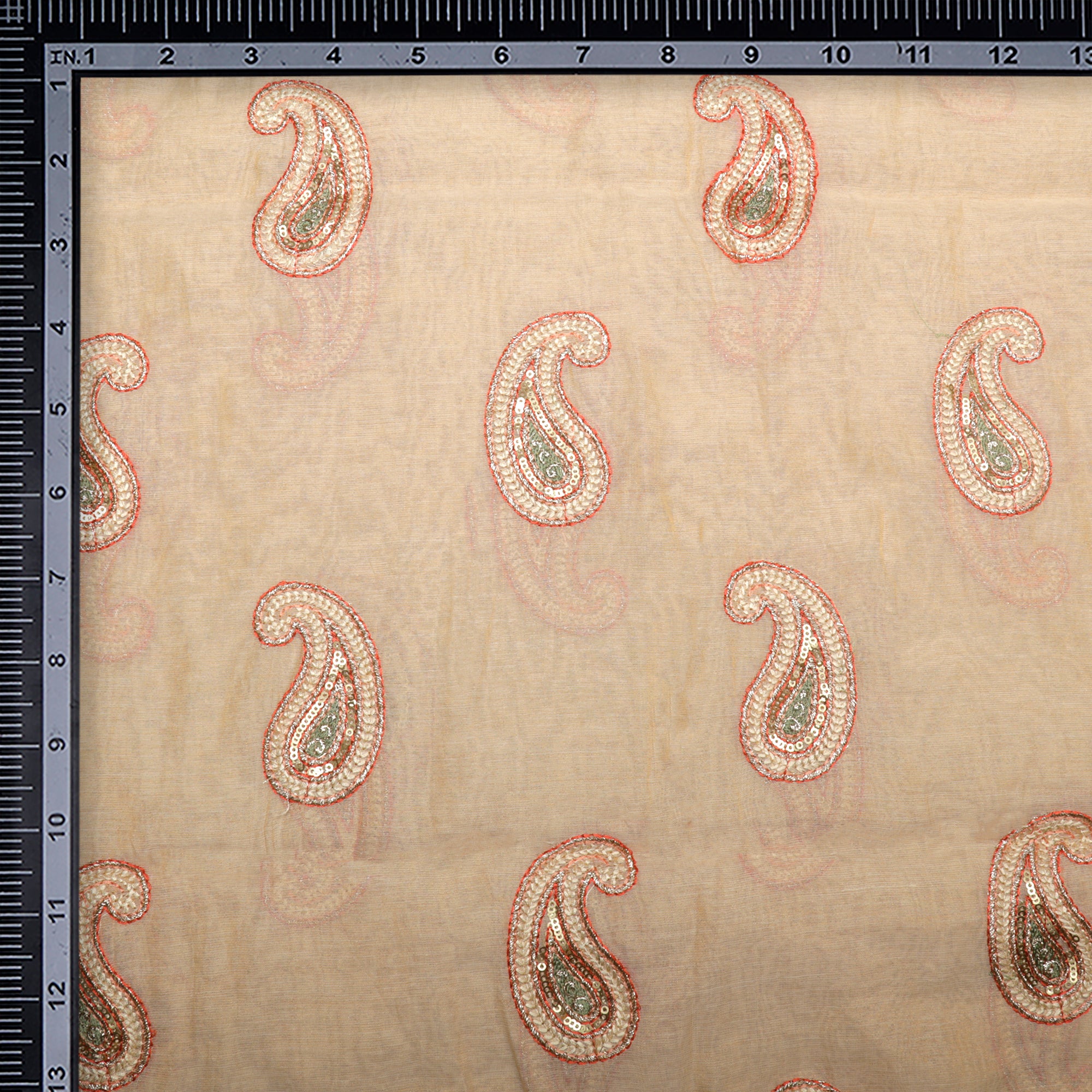 (Pre-Cut 2.30 Mtr)Beige Motif Pattern Thread & Sequins Embroidered Tissue Chanderi Fabric