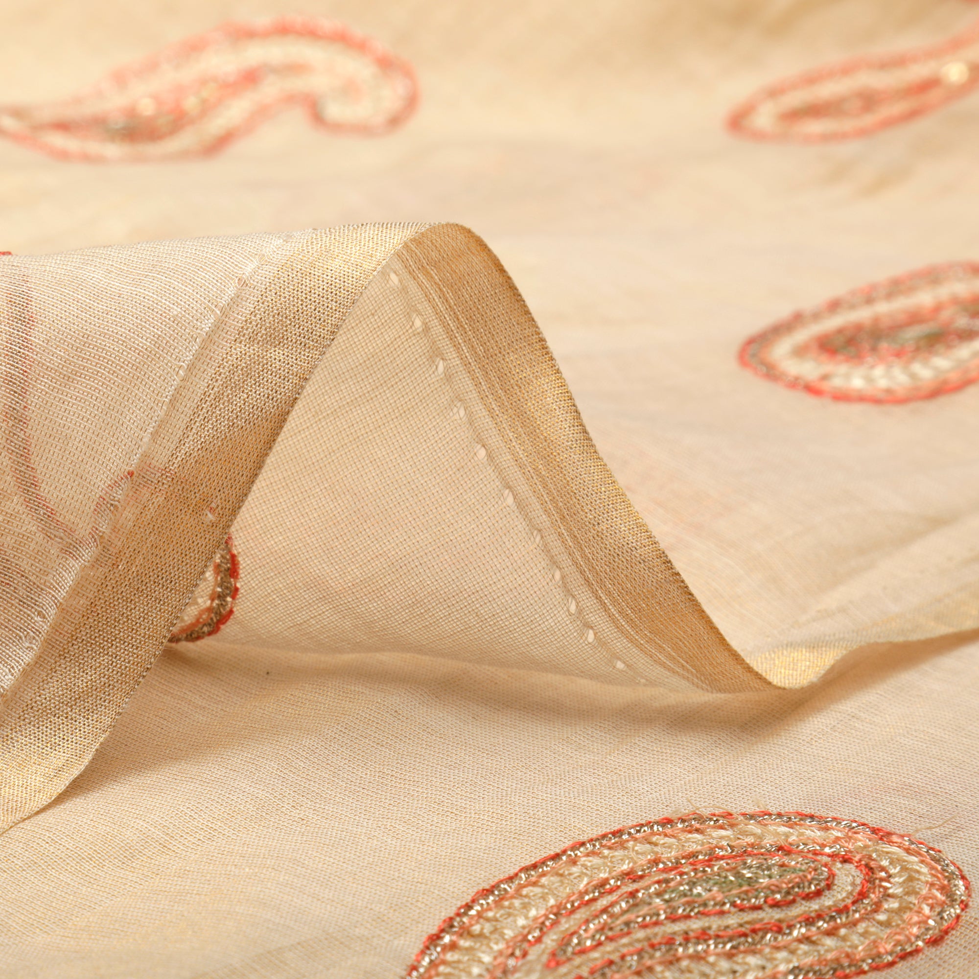 (Pre-Cut 2.30 Mtr)Beige Motif Pattern Thread & Sequins Embroidered Tissue Chanderi Fabric