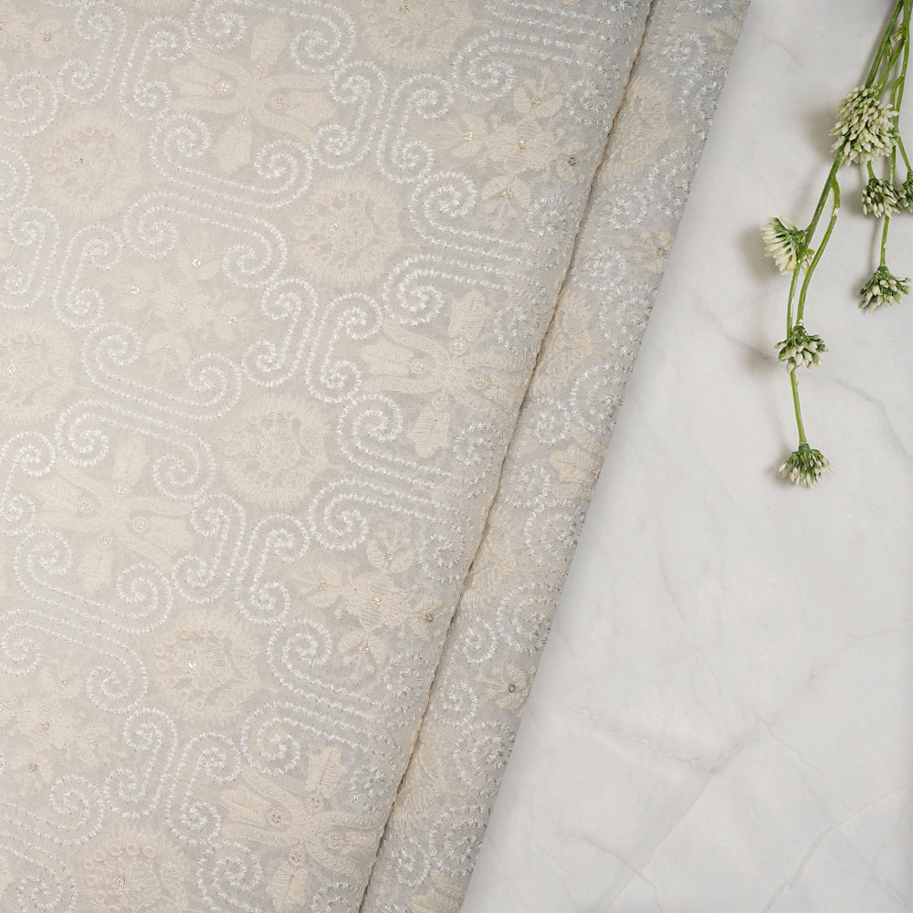 (Pre-Cut 2.70 Mtr)White Color Embroidered Plain Viscose Fabric