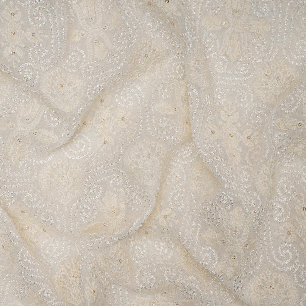 (Pre-Cut 2.70 Mtr)White Color Embroidered Plain Viscose Fabric