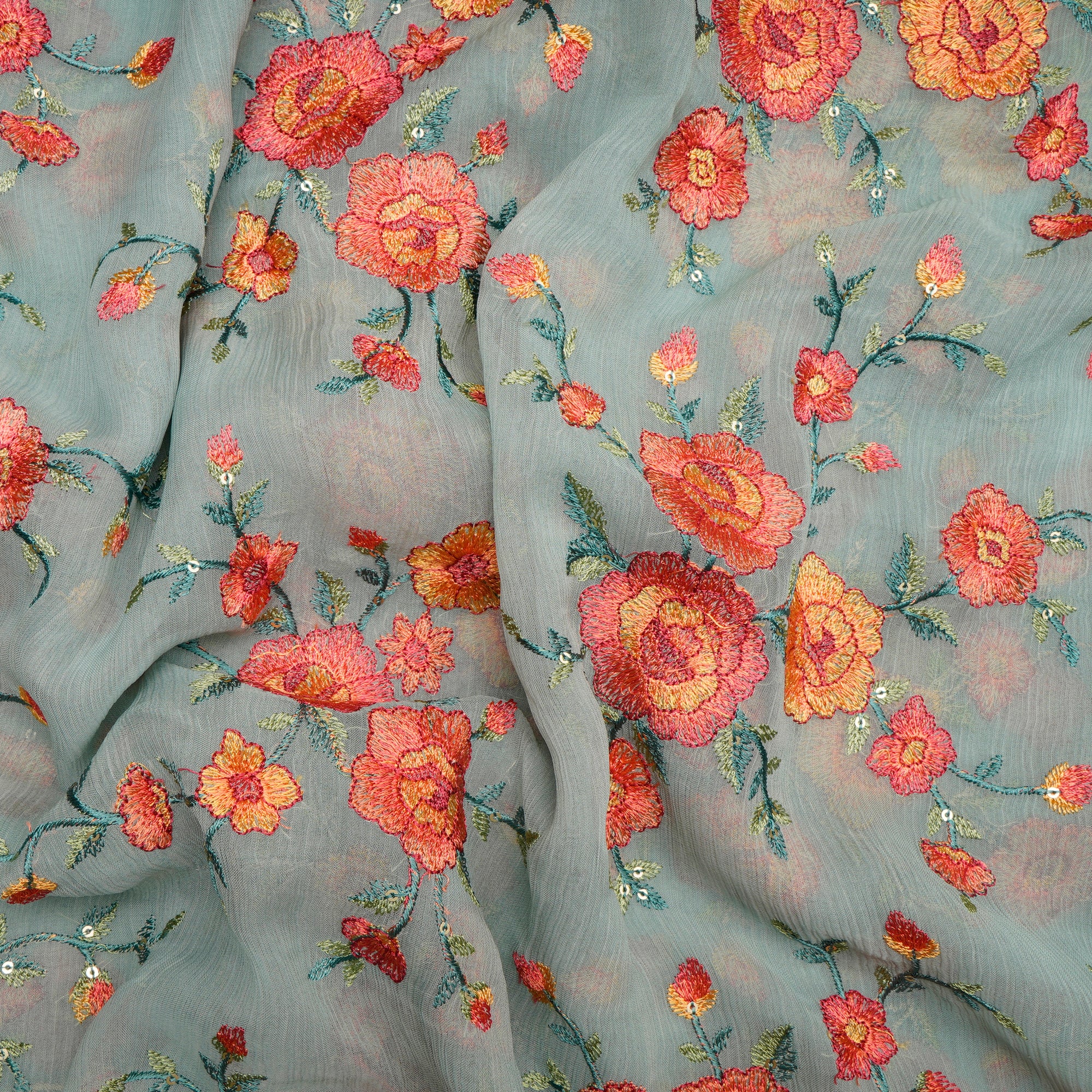 (Pre-Cut 1.50 Mtr)Ice Wash Floral Pattern Thread Sequins Embroidered Bemberg Chiffon Fabric