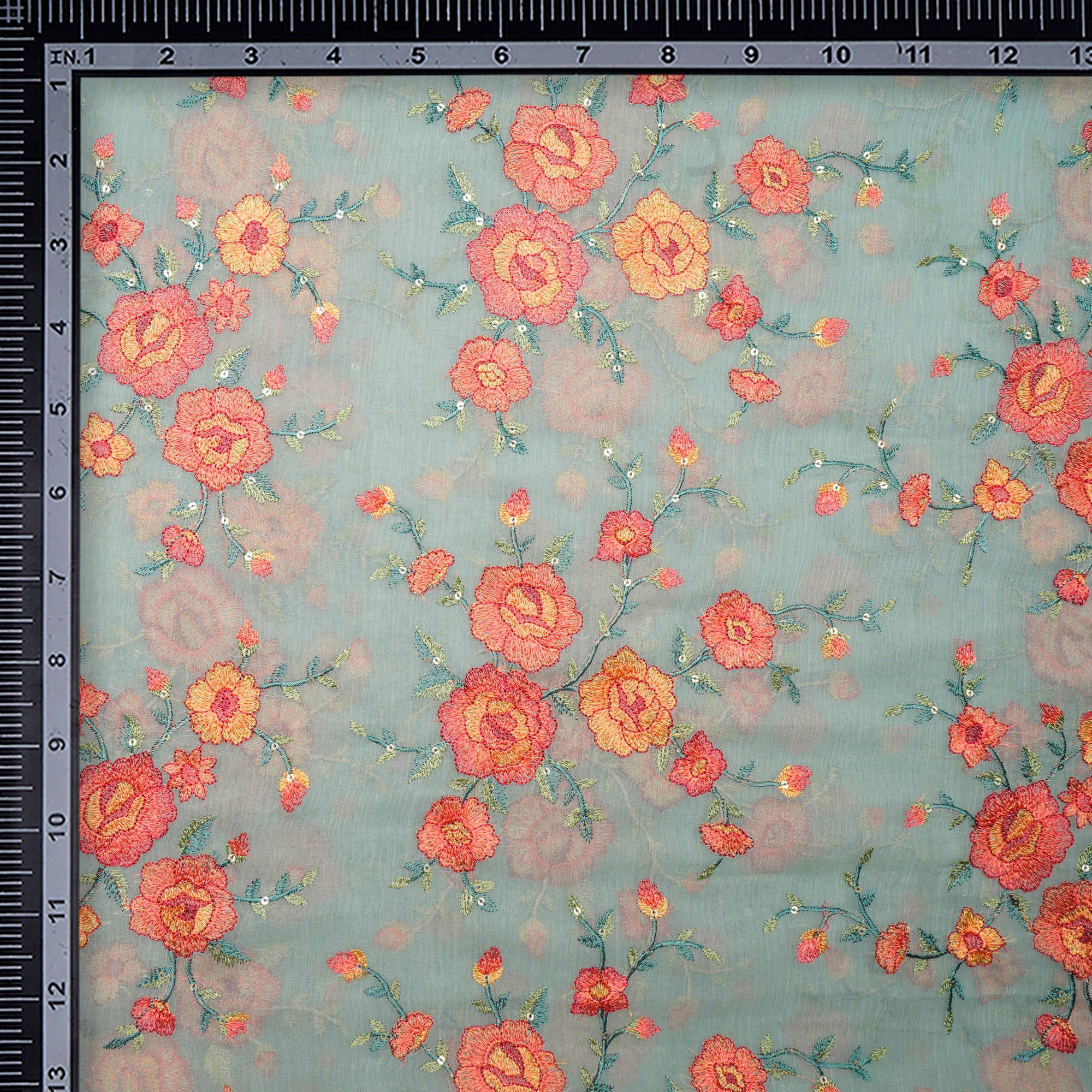 (Pre-Cut 1.50 Mtr)Ice Wash Floral Pattern Thread Sequins Embroidered Bemberg Chiffon Fabric