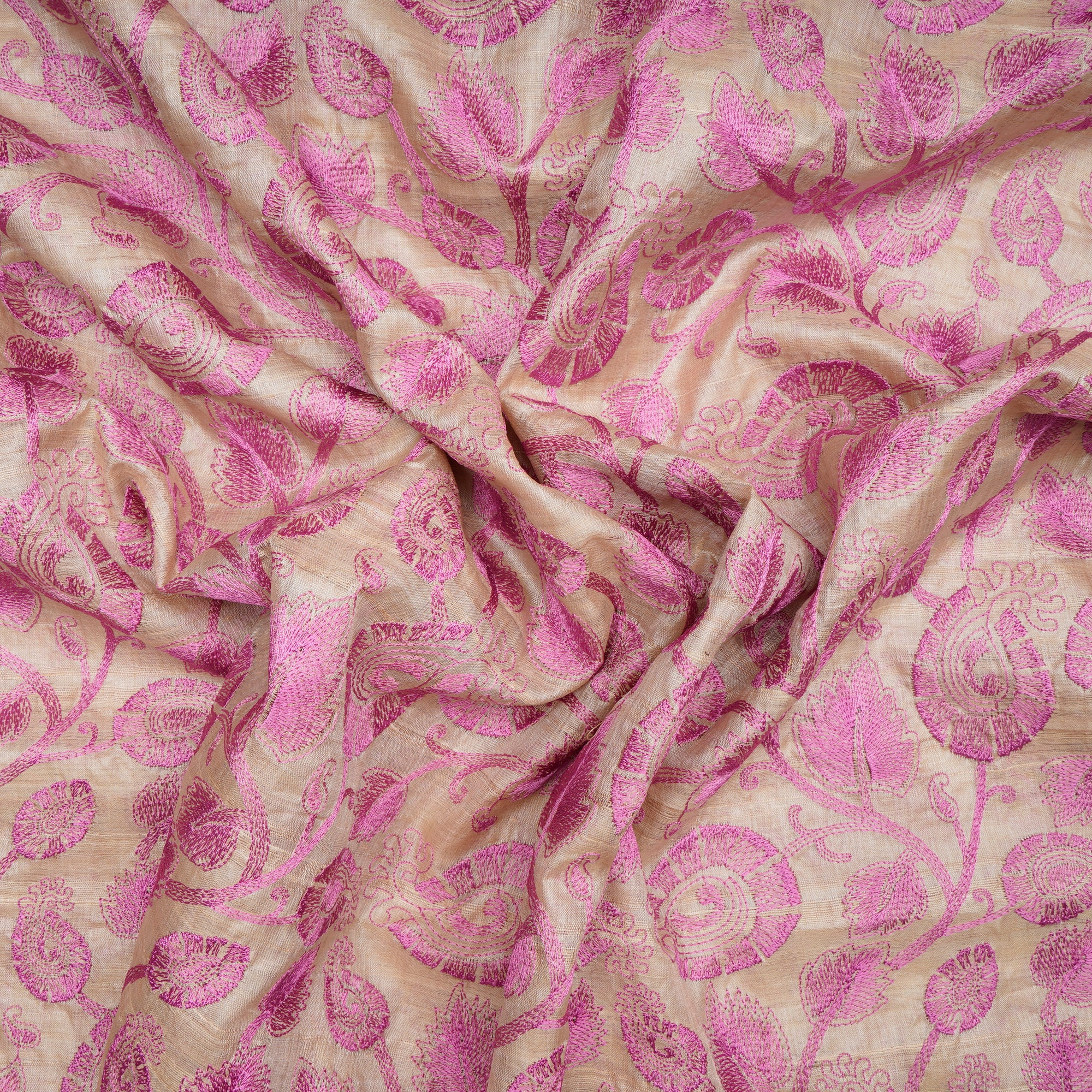 (Pre-Cut 0.90 Mtr)Beige-Pink Floral Pattern Thread Embroidered Tusser Fabric