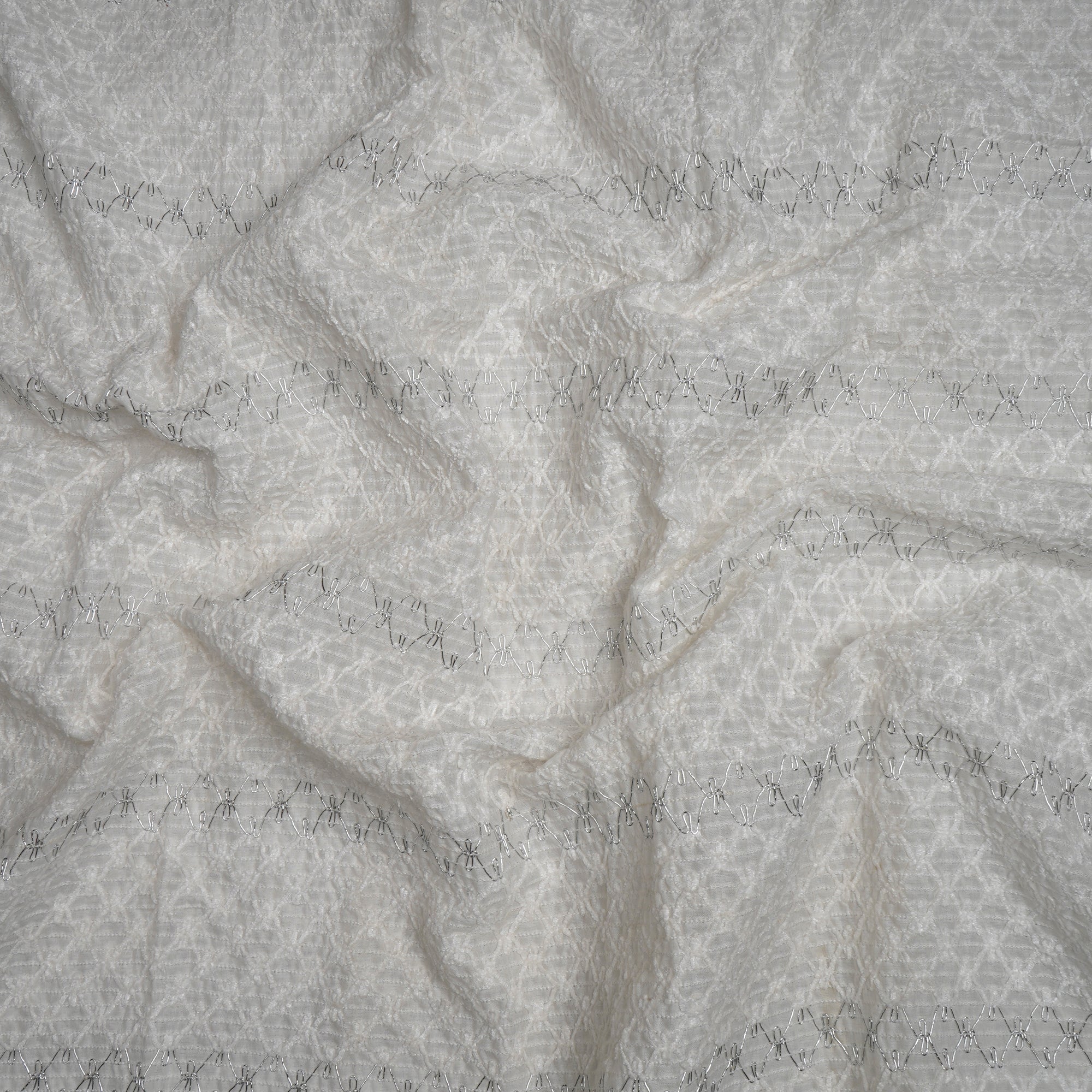 (Pre-Cut 2.10 Mtr)White All Over Pattern Thread Embroidered Cotton Fabric