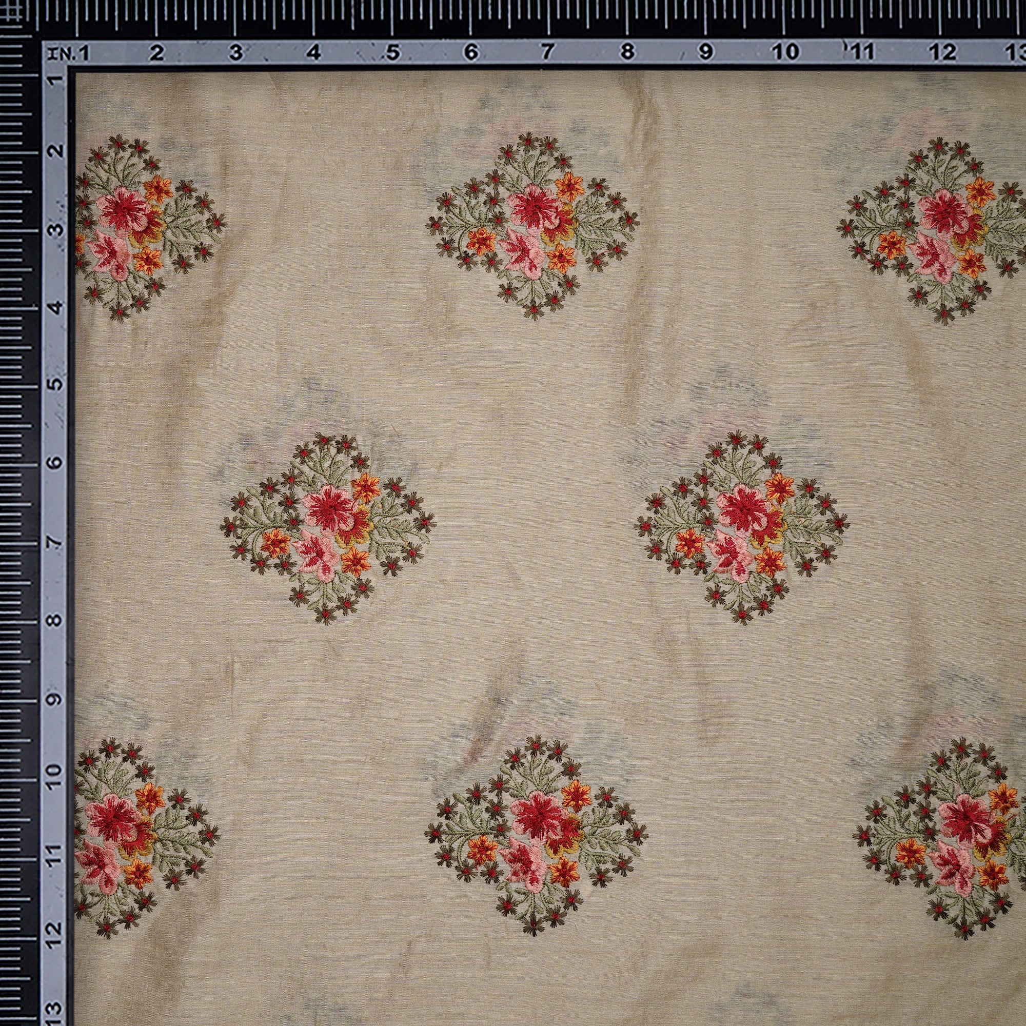 (Pre-Cut 1.95 Mtr)Beige Floral Pattern Thread Embroidered Muga Silk Fabric