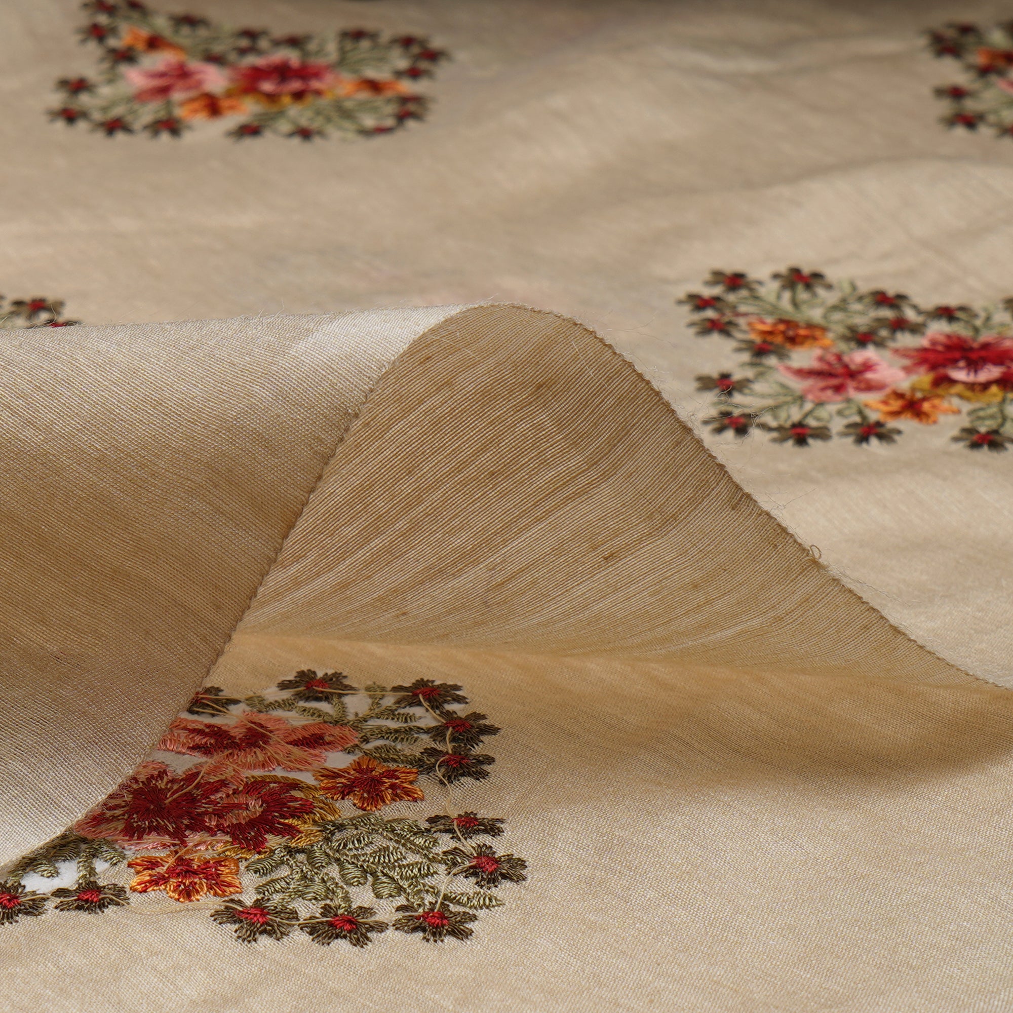 (Pre-Cut 1.95 Mtr)Beige Floral Pattern Thread Embroidered Muga Silk Fabric