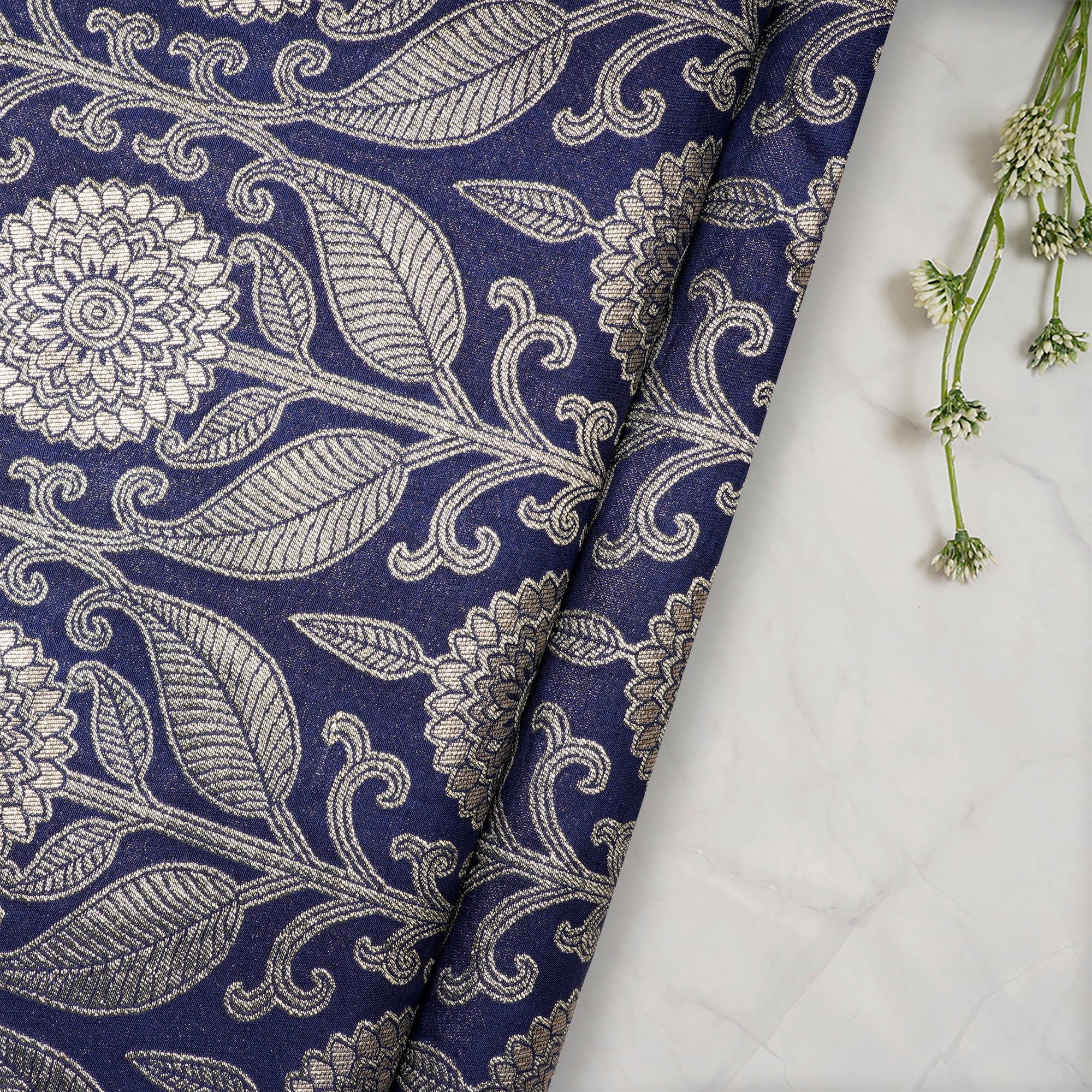 (Pre-Cut 1.90 Mtr)Dark Blue All Over Floral Pattern Blended Banarasi Brocade Fabric