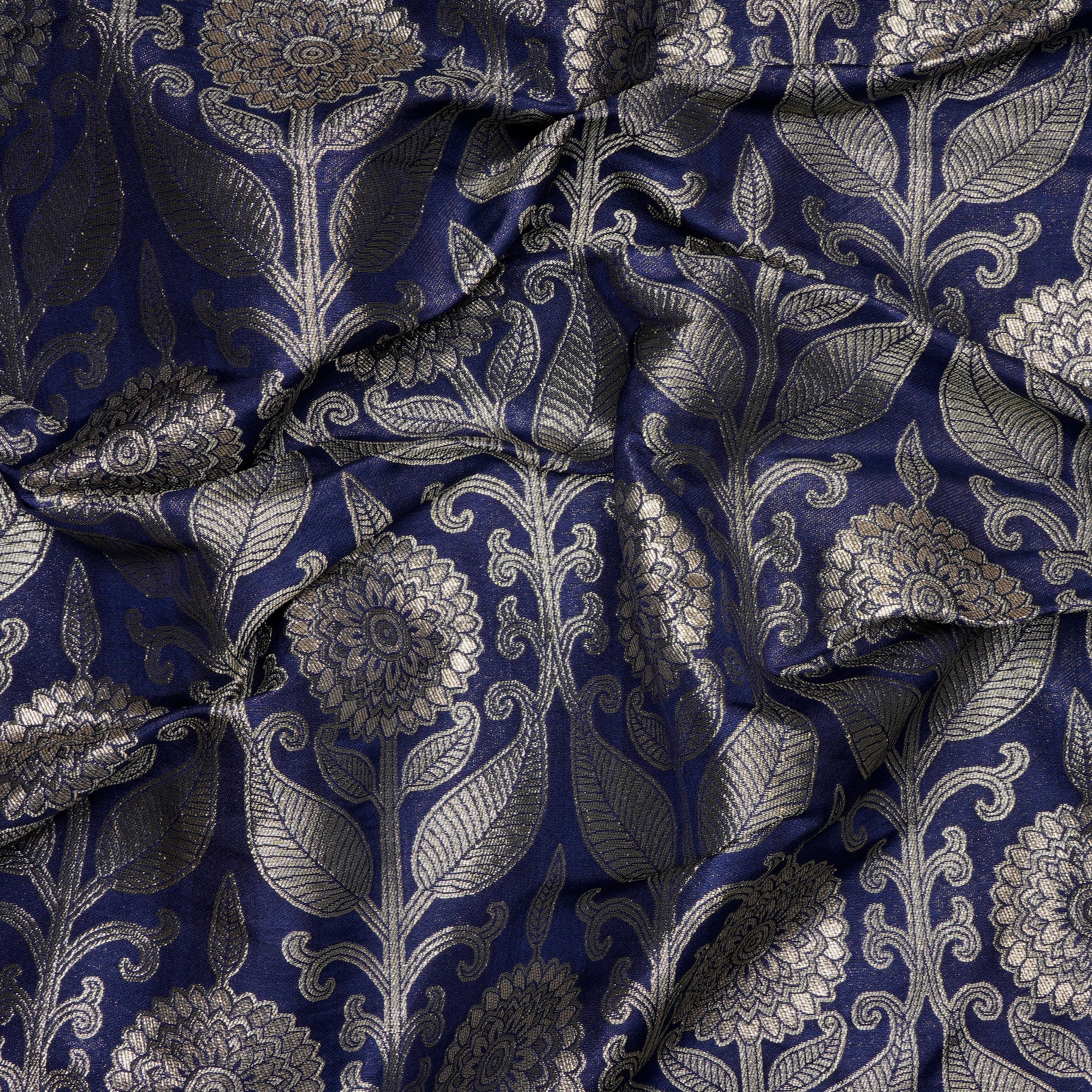 (Pre-Cut 1.90 Mtr)Dark Blue All Over Floral Pattern Blended Banarasi Brocade Fabric