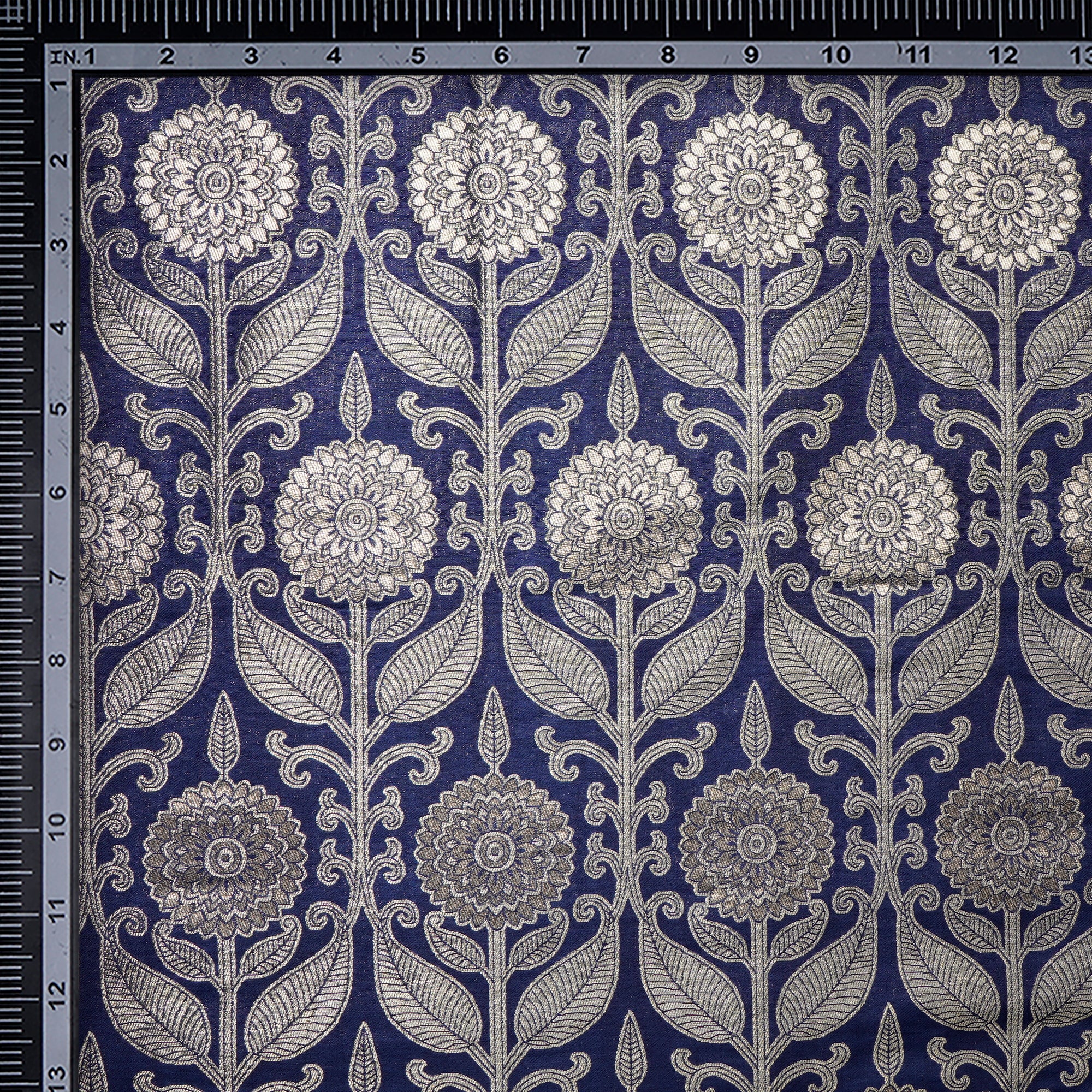 (Pre-Cut 1.90 Mtr)Dark Blue All Over Floral Pattern Blended Banarasi Brocade Fabric