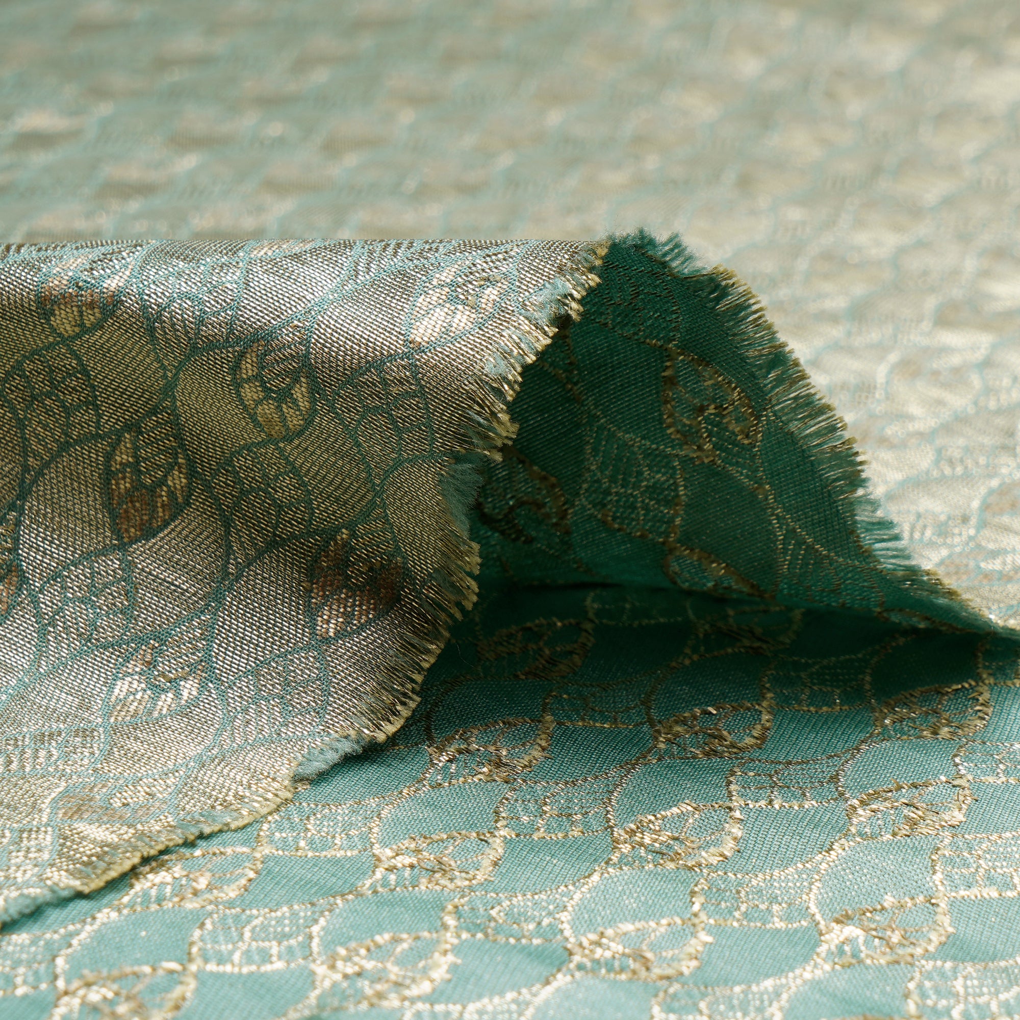 (Pre-Cut 0.75 Mtr)Agate Green All Over Pattern Blended Banarasi Brocade Fabric