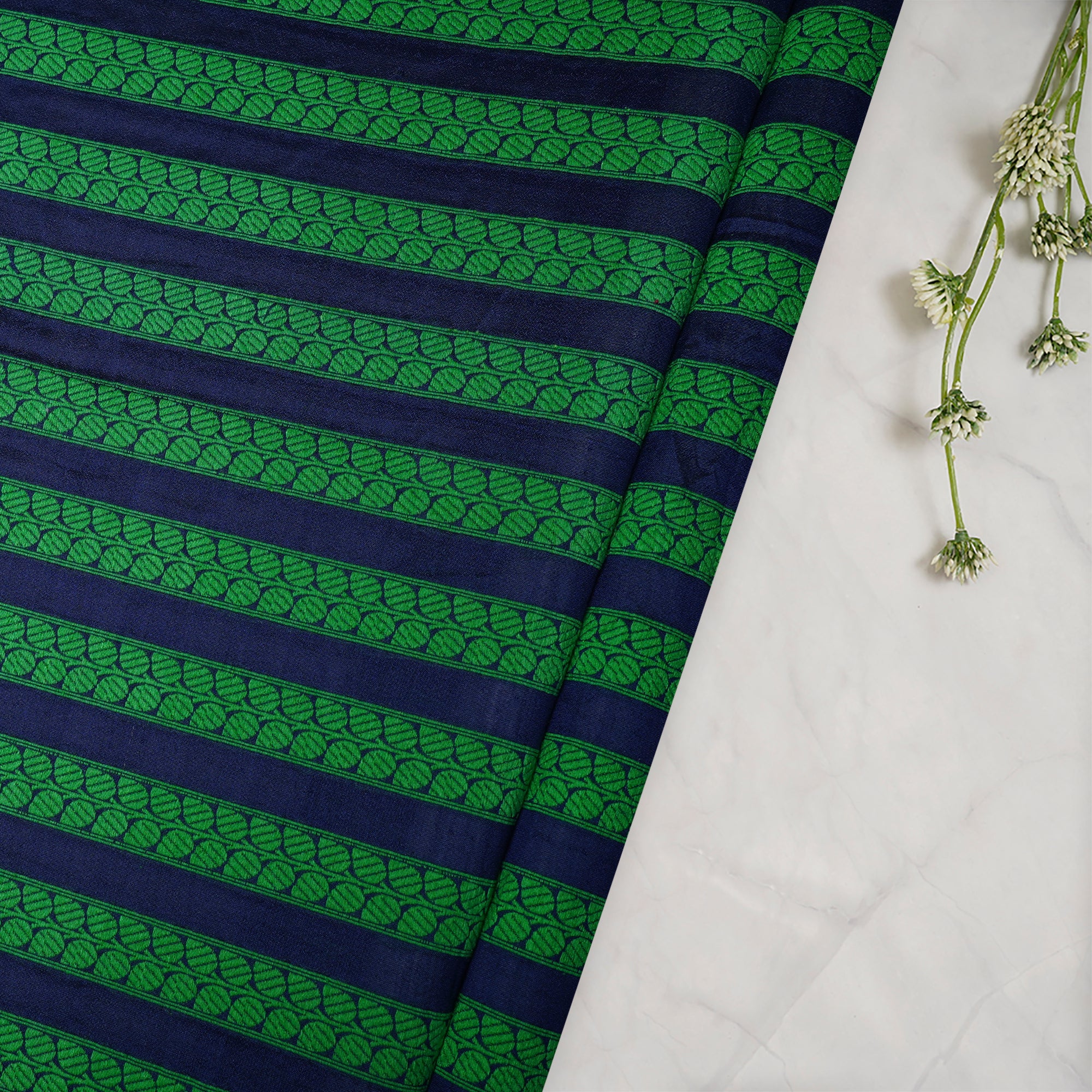 (Pre-Cut 1.00 Mtr)Blue-Green Stripe patterm Thread Embroidered Resham Border Fabric