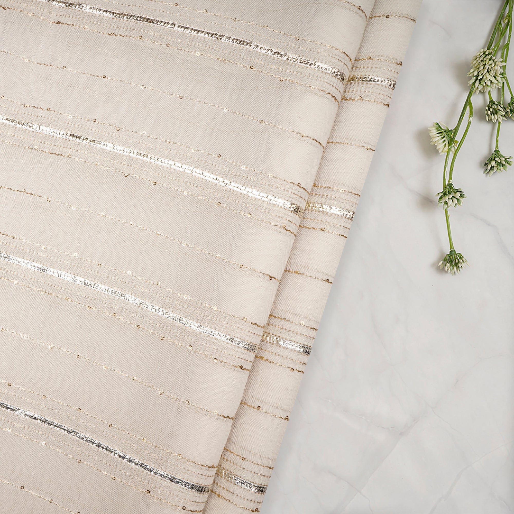 (Pre-Cut 0.50 Mtr)Off White Dyeable Stripe Pattern Gota Work Embroidered Chanderi Fabric